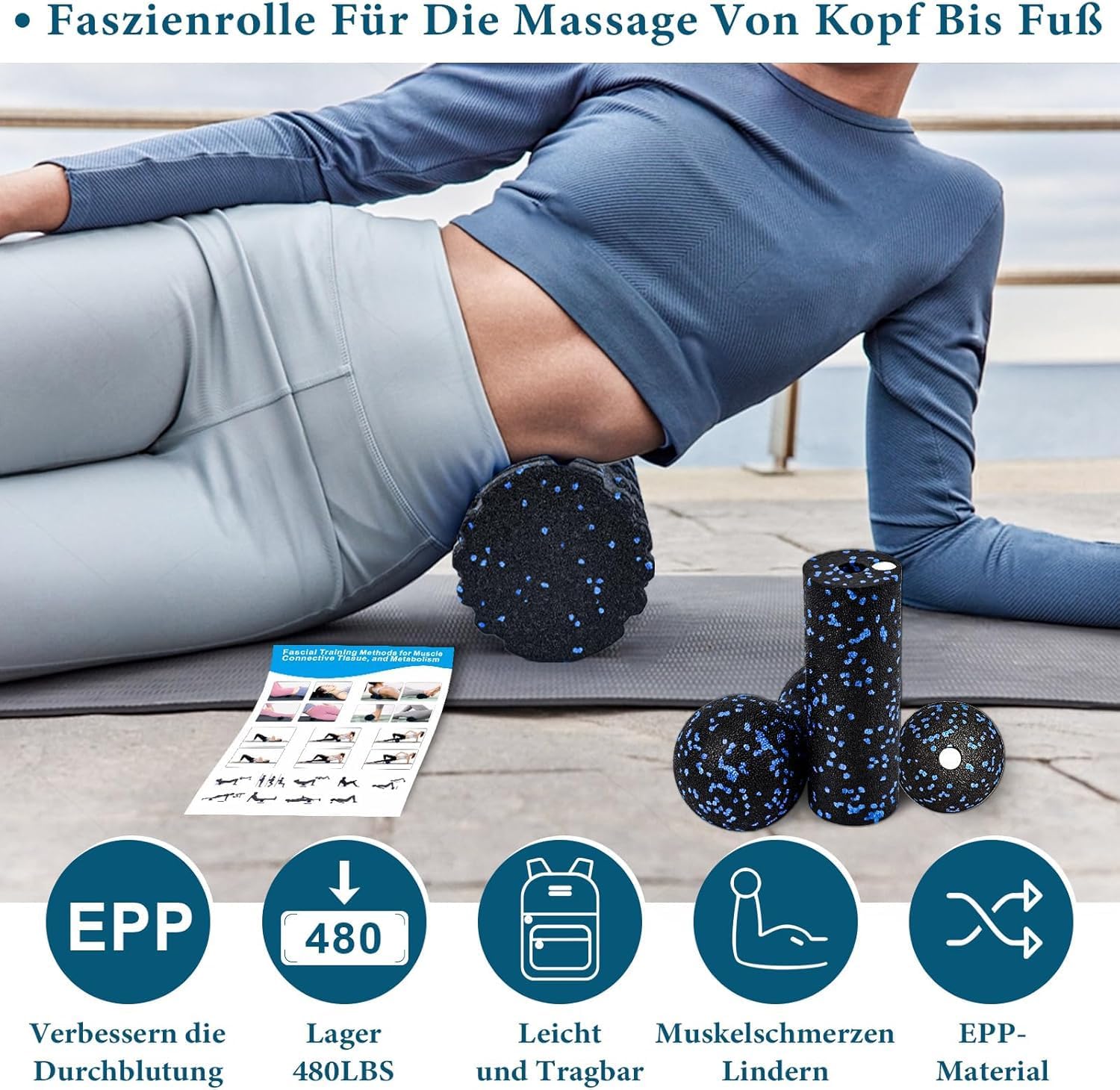 Detalle de 3D Faszienrolle Set – 4‑in‑1 Faszien-Training mit Wirbelsäulen‑Rolle, Duoball, Mini‑Rolle und Ball