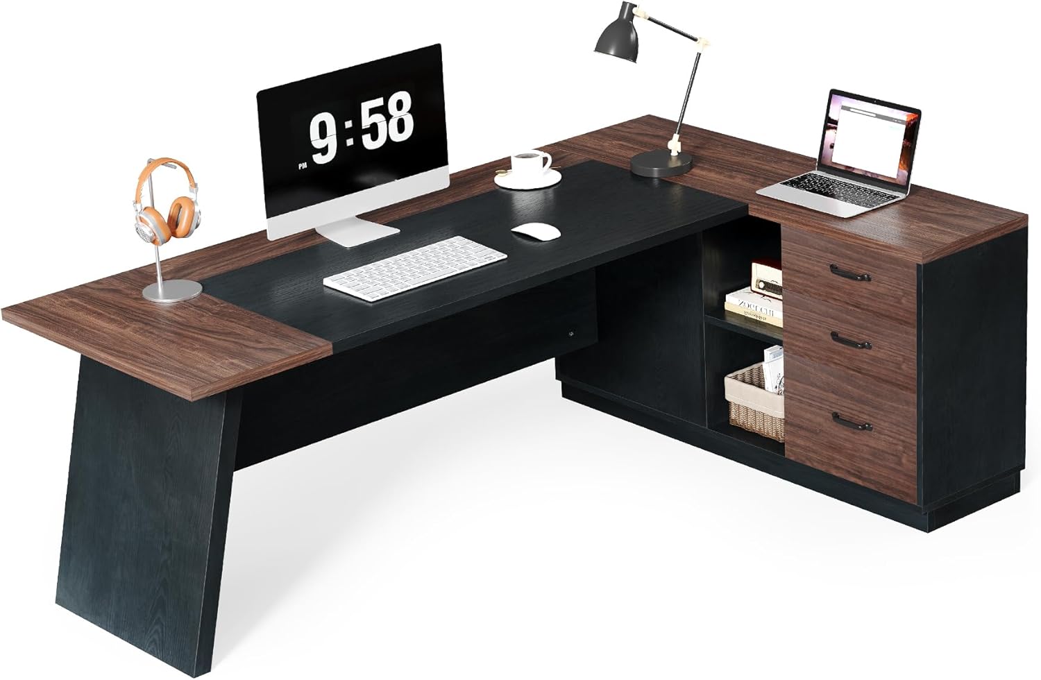 Detalle de LITTLE TREE NY310 Executive Office Desk, 78-Inch L-Shape with 3-Drawer Cabinet