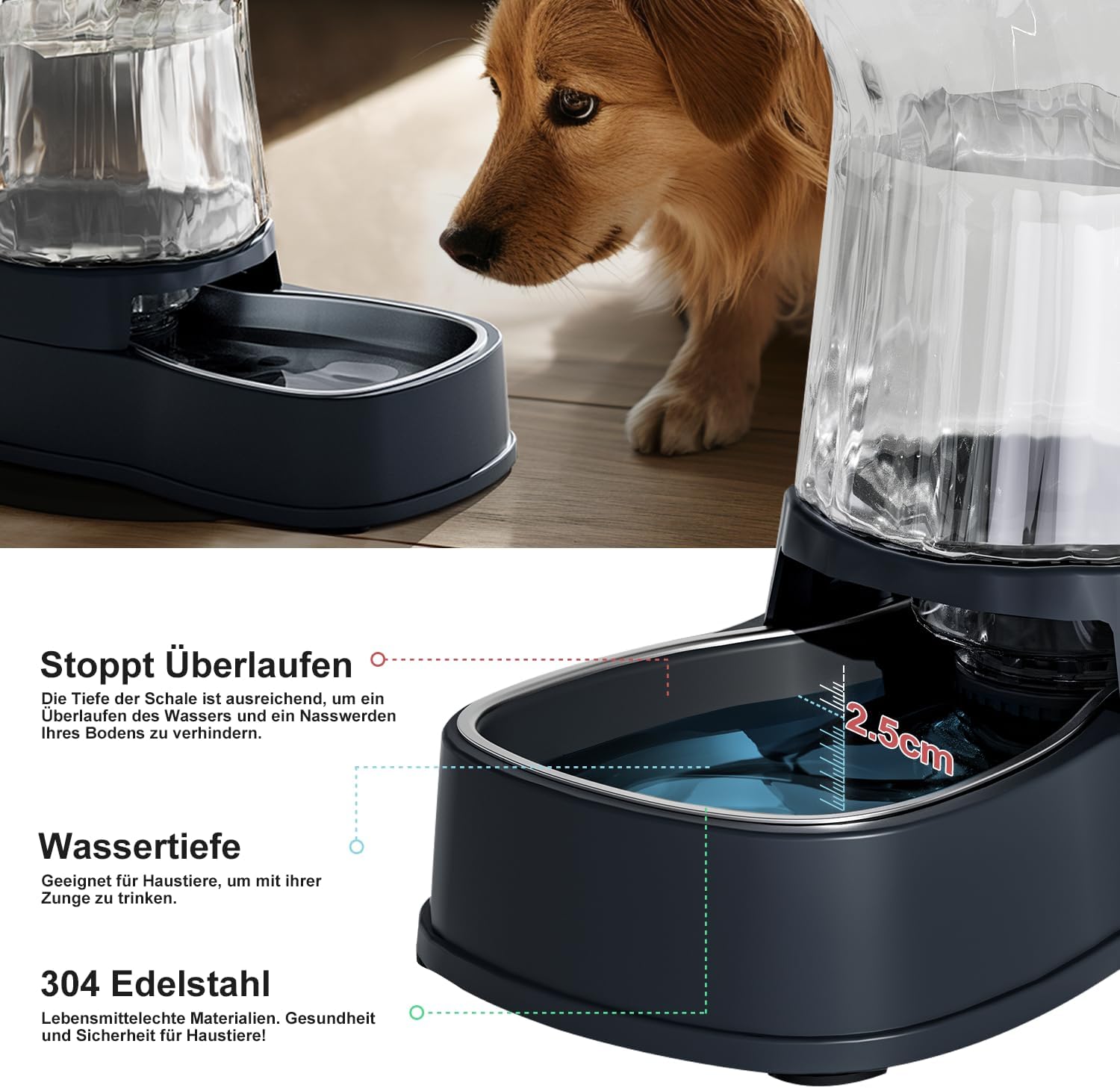 Thumbnail 3 de Gardner Pet Futterautomat für Katzen: 3,85-l-Wasserspender mit Edelstahlschüssel, ohne Strom (BPA-frei, grau)
