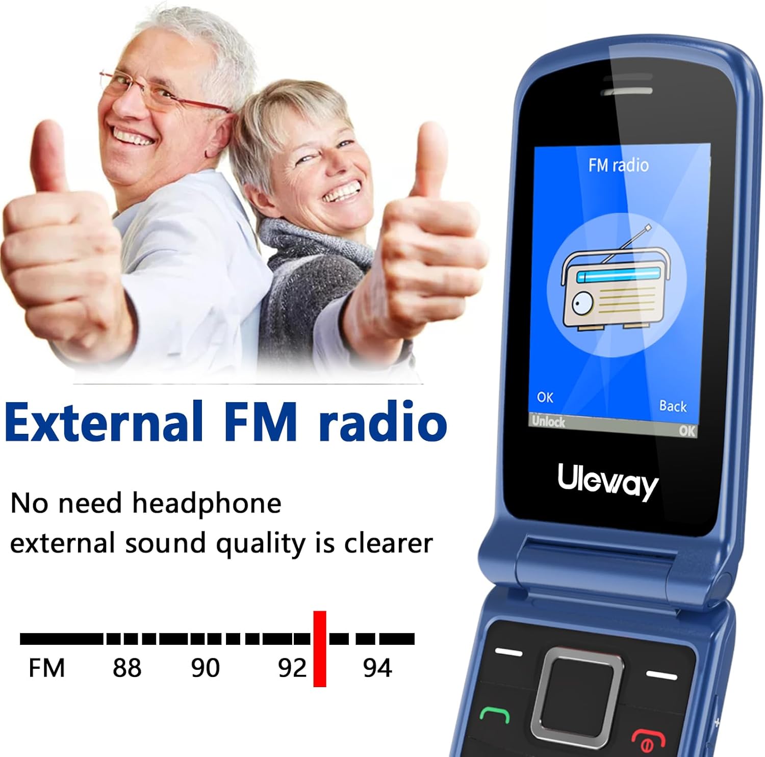 Detalle 2 de Uleway 4G Big Button Senior Flip Phone with SOS Button, Charging Dock and 2.4" + 1.8" IPS Screen (Blue) — SIM-free unlocked