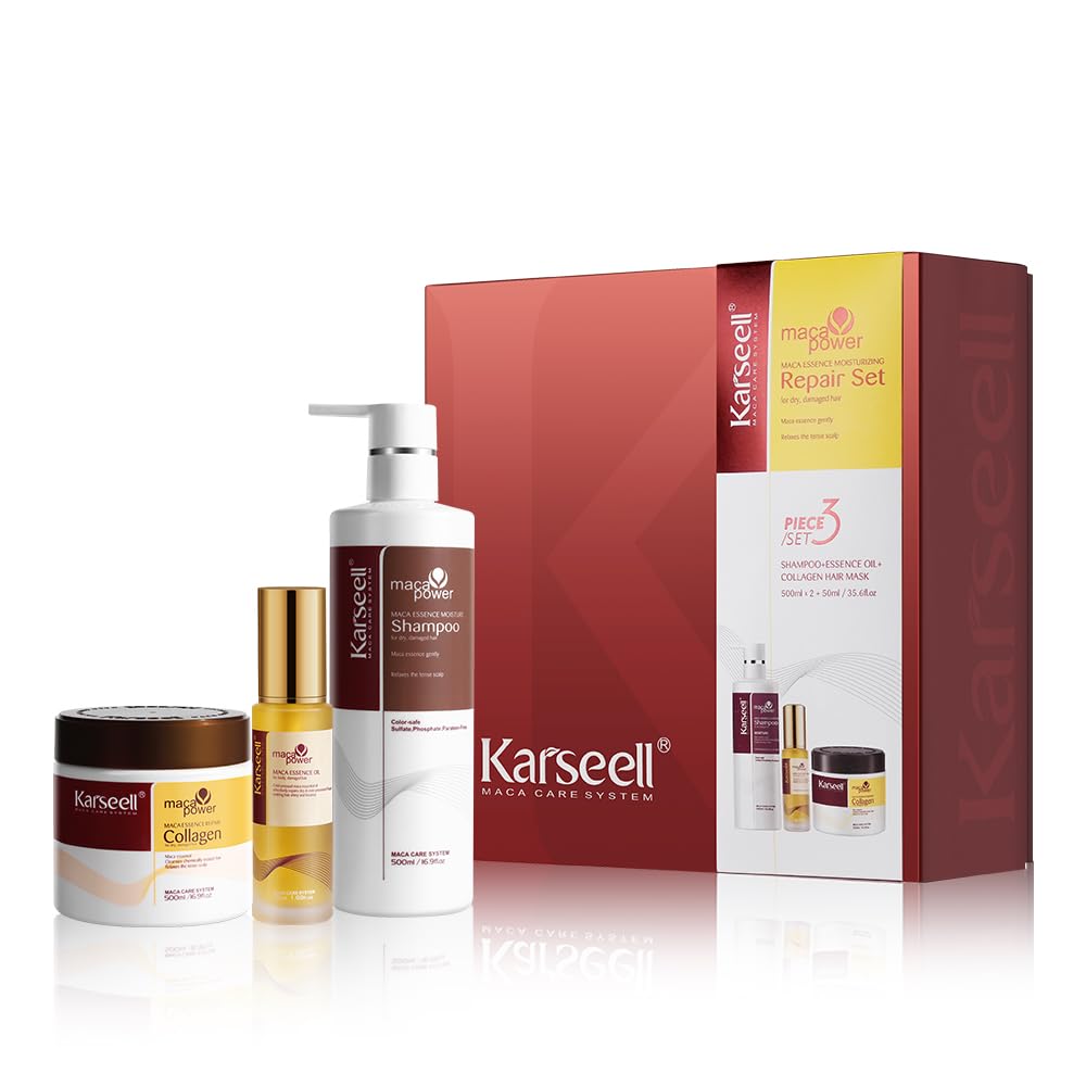 Detalle de Karseell Kollagen Haarpflege-Set: Haarmaske, Shampoo & Haaröl für trockenes, geschädigtes Haar (2 x 500 ml + 50 ml)