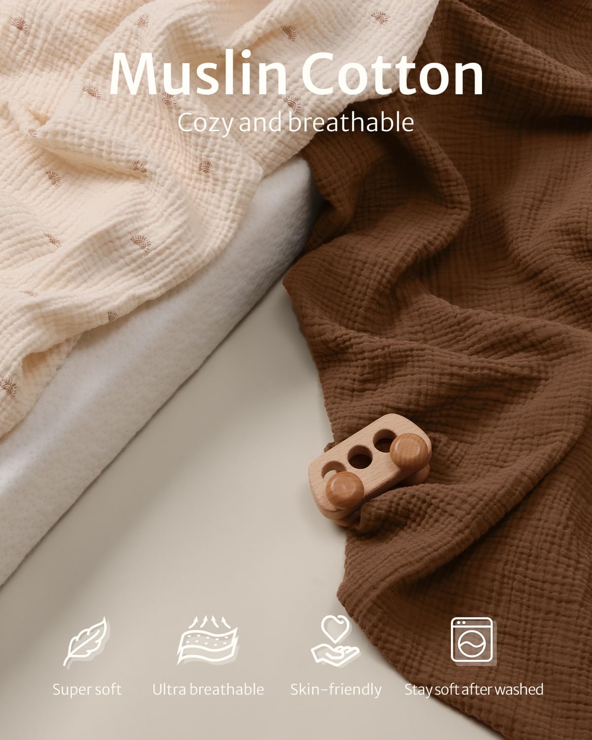 Detalle 2 de Blissful Diary Muslin Crib Sheets (Boho Neutral) for 52''x28'' Standard Crib Mattress, 2-Pack (Sunshine & Brown)
