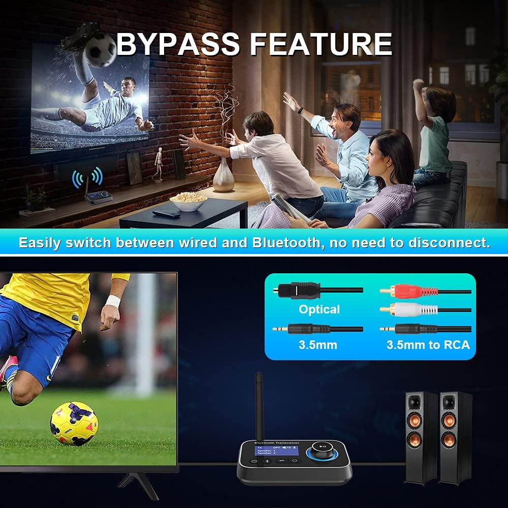 Detalle de Ainostone Bluetooth-audioadapter met Bluetooth 5.0, zender, ontvanger en bypass