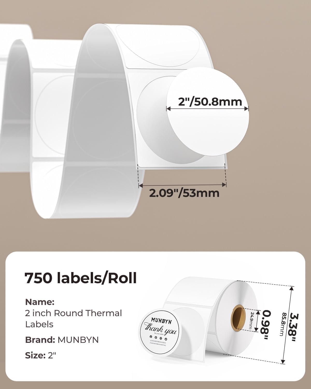 Detalle 2 de MUNBYN MU-ITLP-WH-RO-EU ronde thermische etiketten, 5,1 cm, 750 stuks