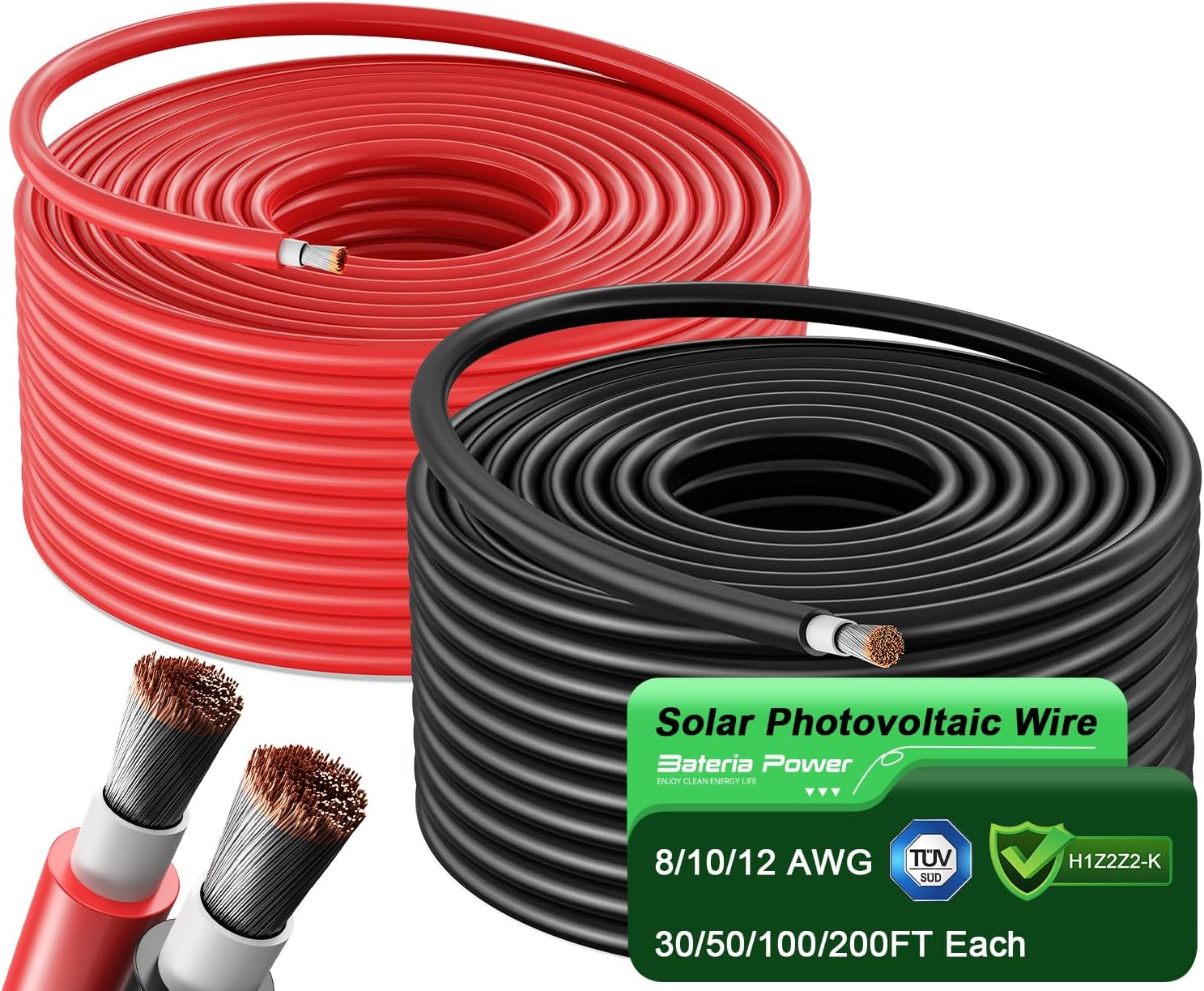 Detalle de Bateria Power Solar Panel Wire 100Ft Black & 100Ft Red Kit, 10AWG (6mm²) Tinned Copper Outdoor Solar Extension Cable