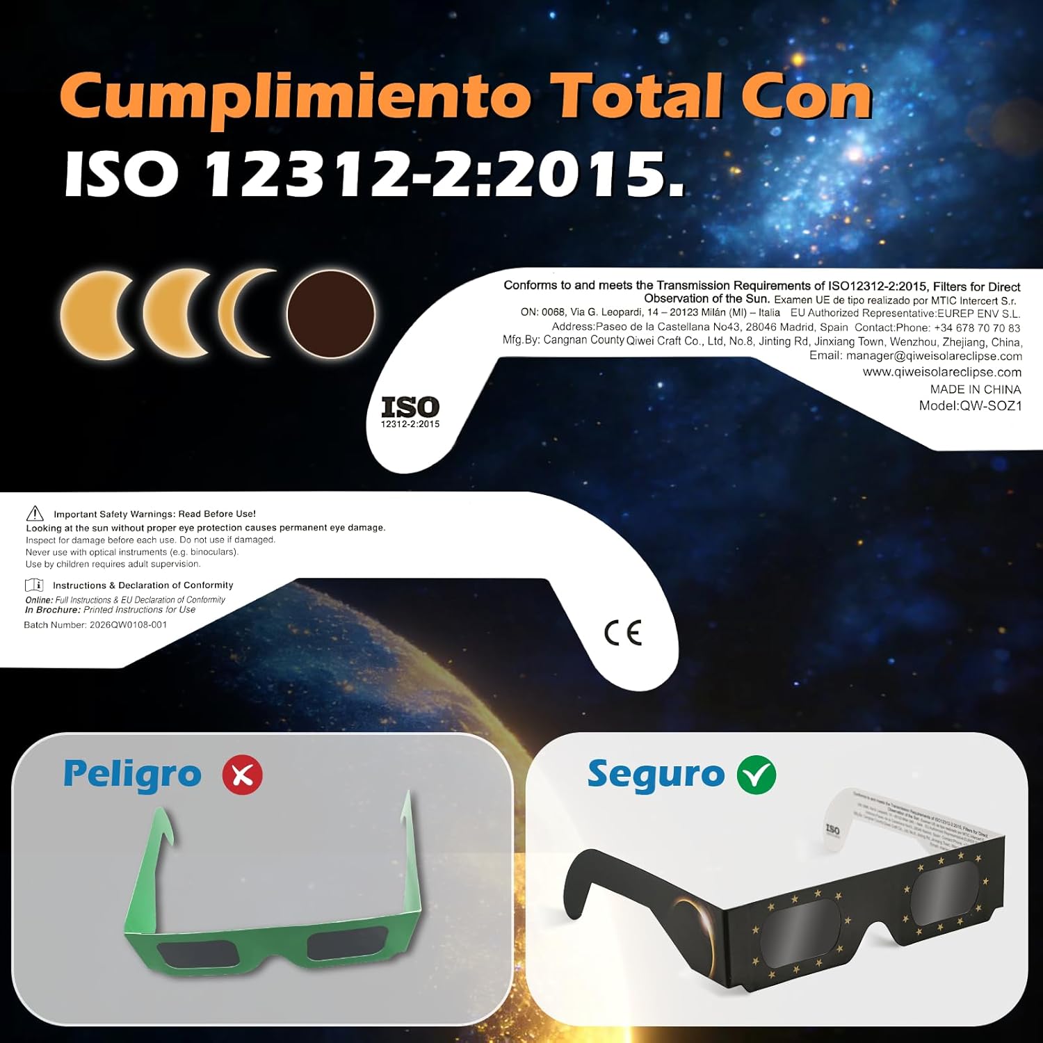 Detalle 2 de QIWEI gafas eclipse solar homologadas QW-SOZ3 (pack de 4) EN ISO 12312-2