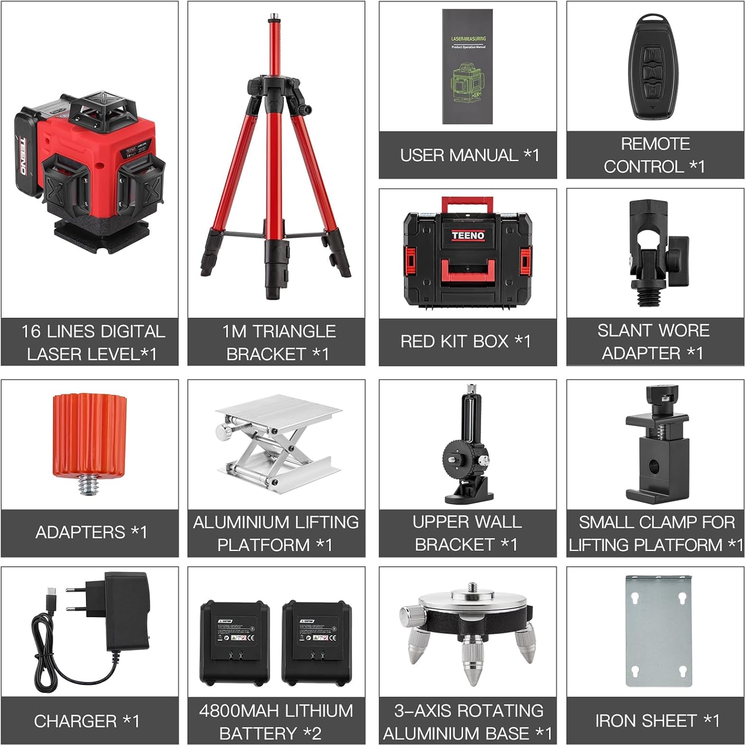 Detalle de TEENO Rotatif Niveau Laser 360° x 4,4D 16 Lignes Vertes — Kit complet avec télécommande et trépied