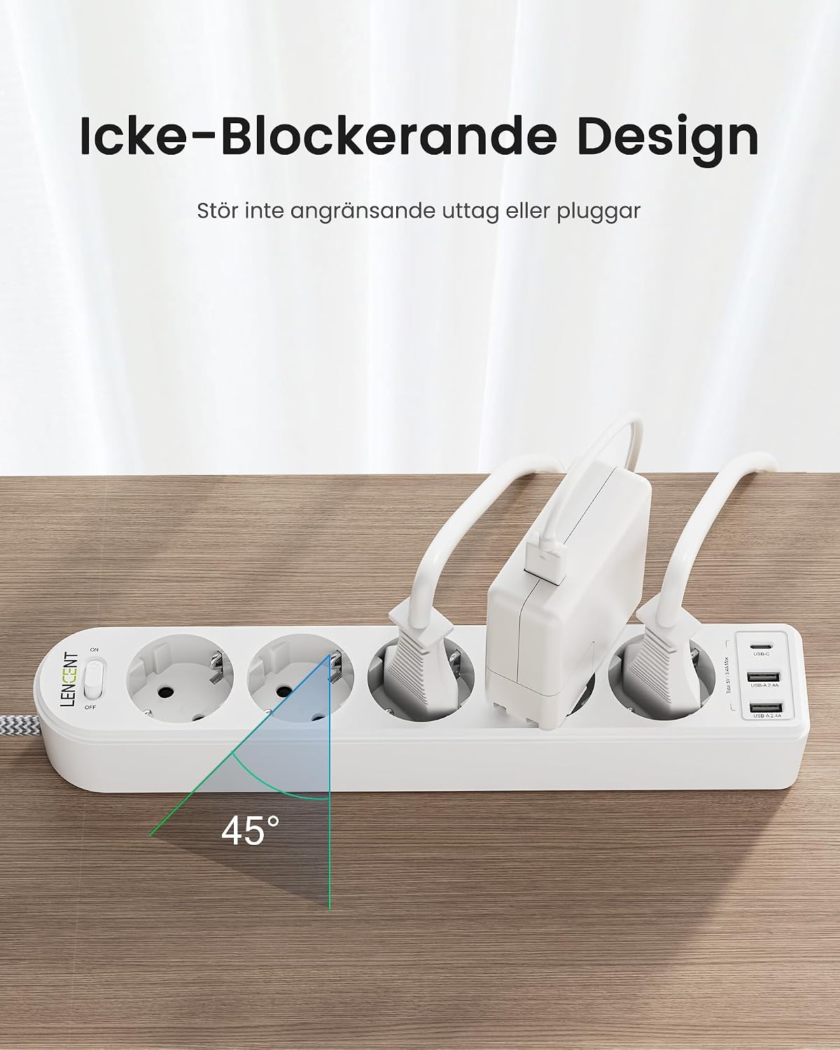 Detalle 2 de LENCENT WP09-F5-C2U-2M grenuttag med 5 uttag, USB och 2 m kabel
