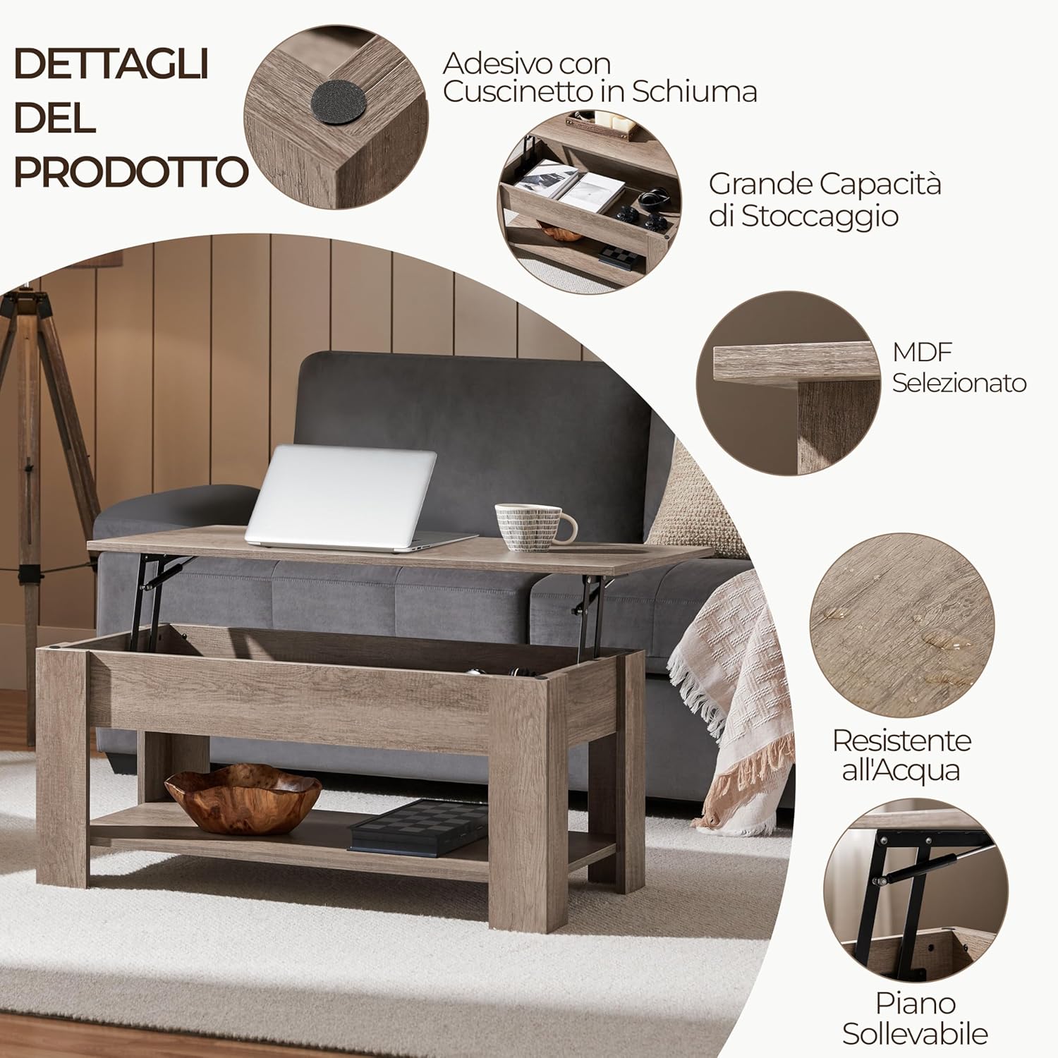 Thumbnail 3 de Yaheetech Tavolino da Caffè Sollevabile: tavolo moderno con ripiano inferiore e spazio nascosto, 98 x 50 x 42–56 cm, grigio