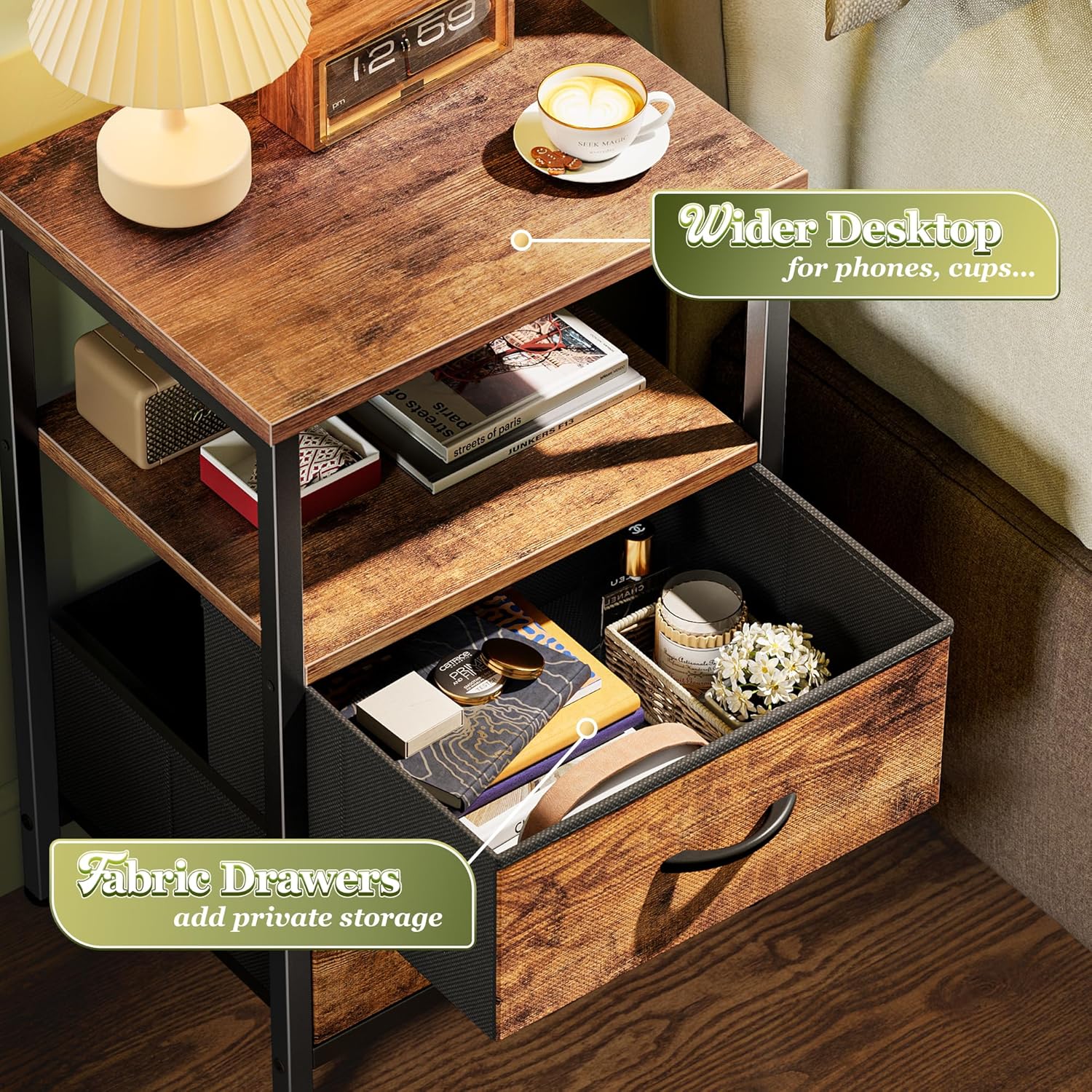 Detalle de Huuger Night Stand Set 2: 2-Drawer Bedside Table with Open Shelf in Rustic Brown