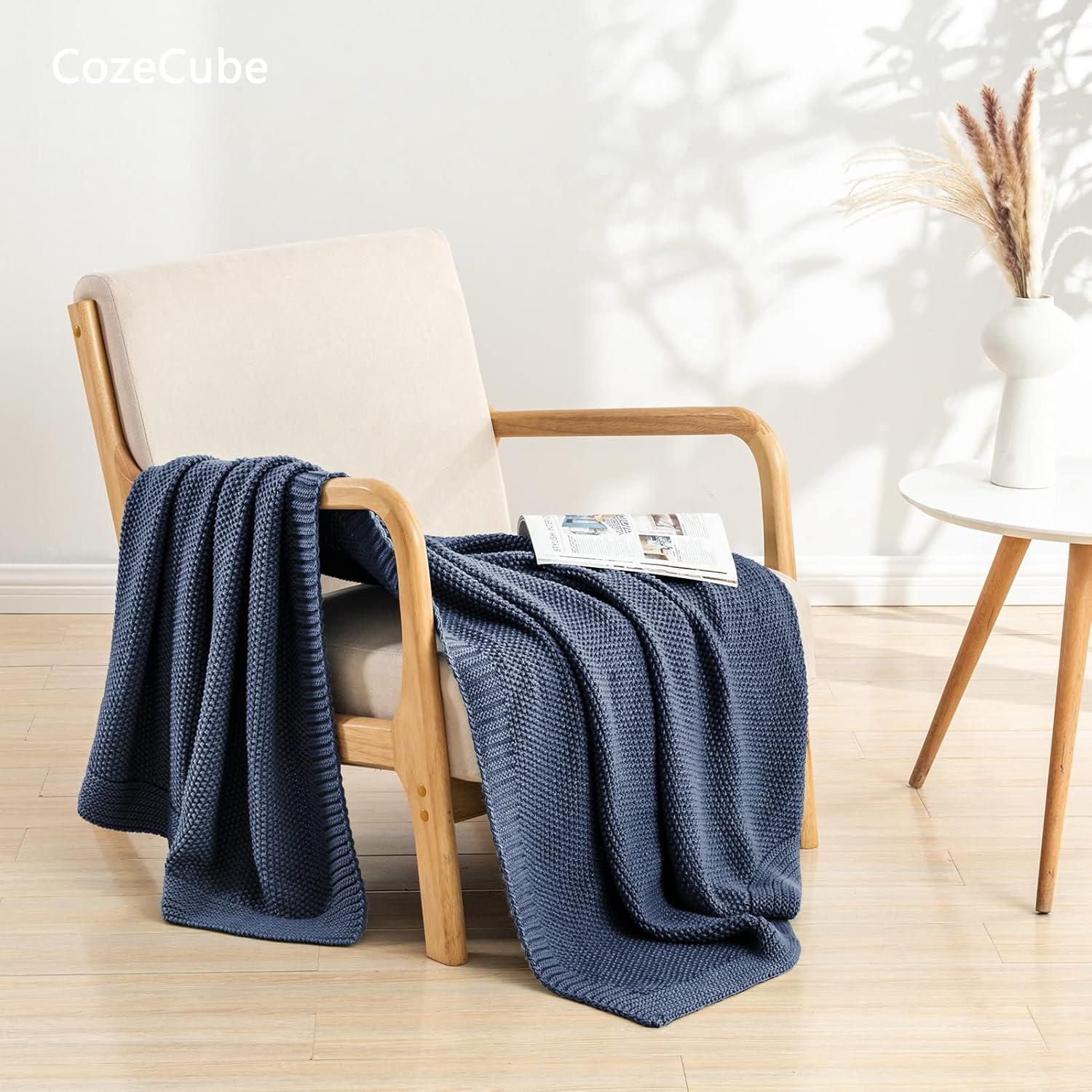 Thumbnail 1 de CozeCube Blue Throw Blanket (50"x60") Soft Cozy Cable Knit Style for Couch & Bed