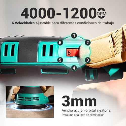Thumbnail 2 de DCA Lijadora Orbital 300W de 6 velocidades (hasta 12.000 RPM) con recogida de polvo y 10 lijas de 125 mm
