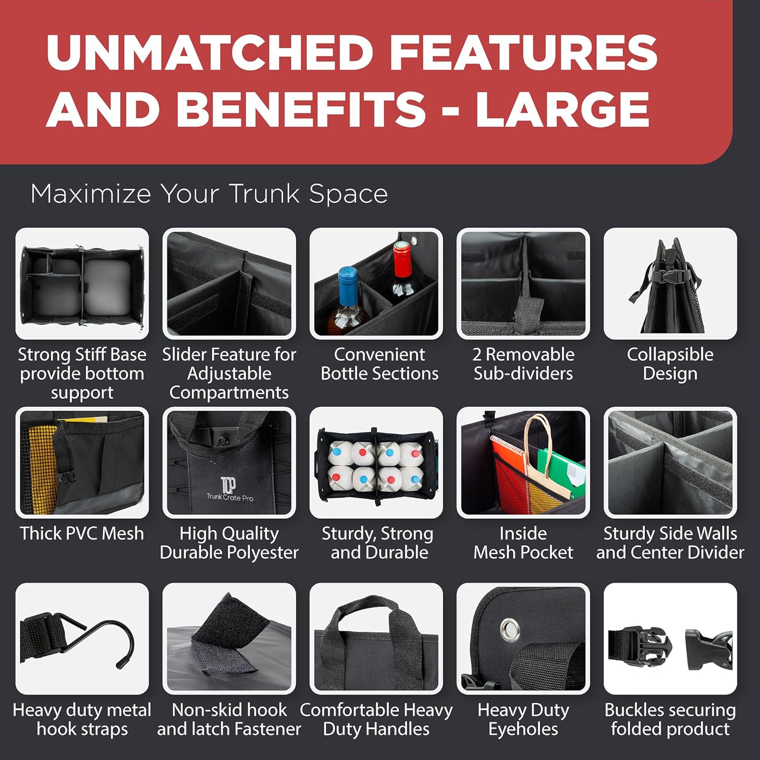 Thumbnail 3 de TrunkCratePro Premium Adjustable Trunk Organizer (Large, Black) for Cars, SUVs, and Trucks