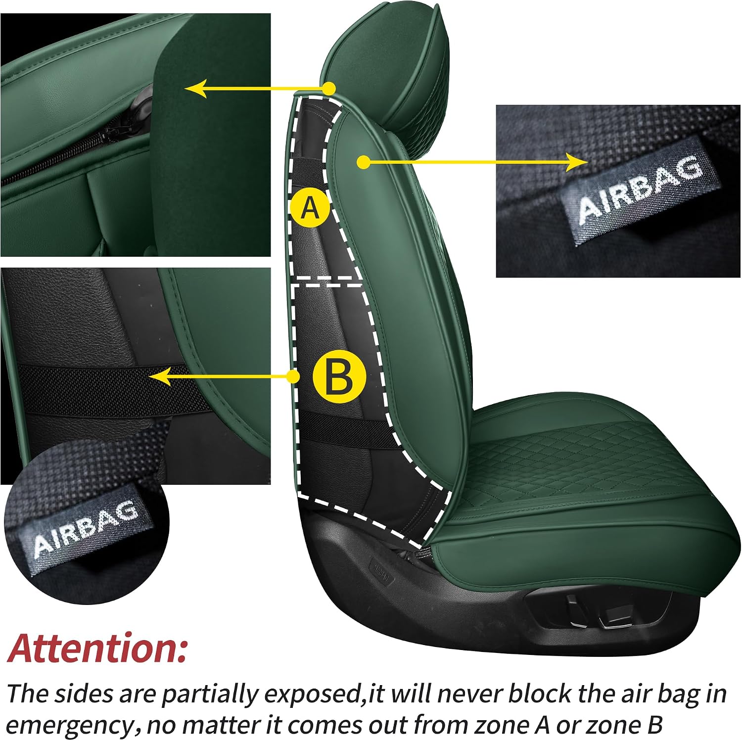 Detalle de Green Thick Nappa Leather 3D Contoured Car Seat Covers – Universal Fit with Lumbar Support
