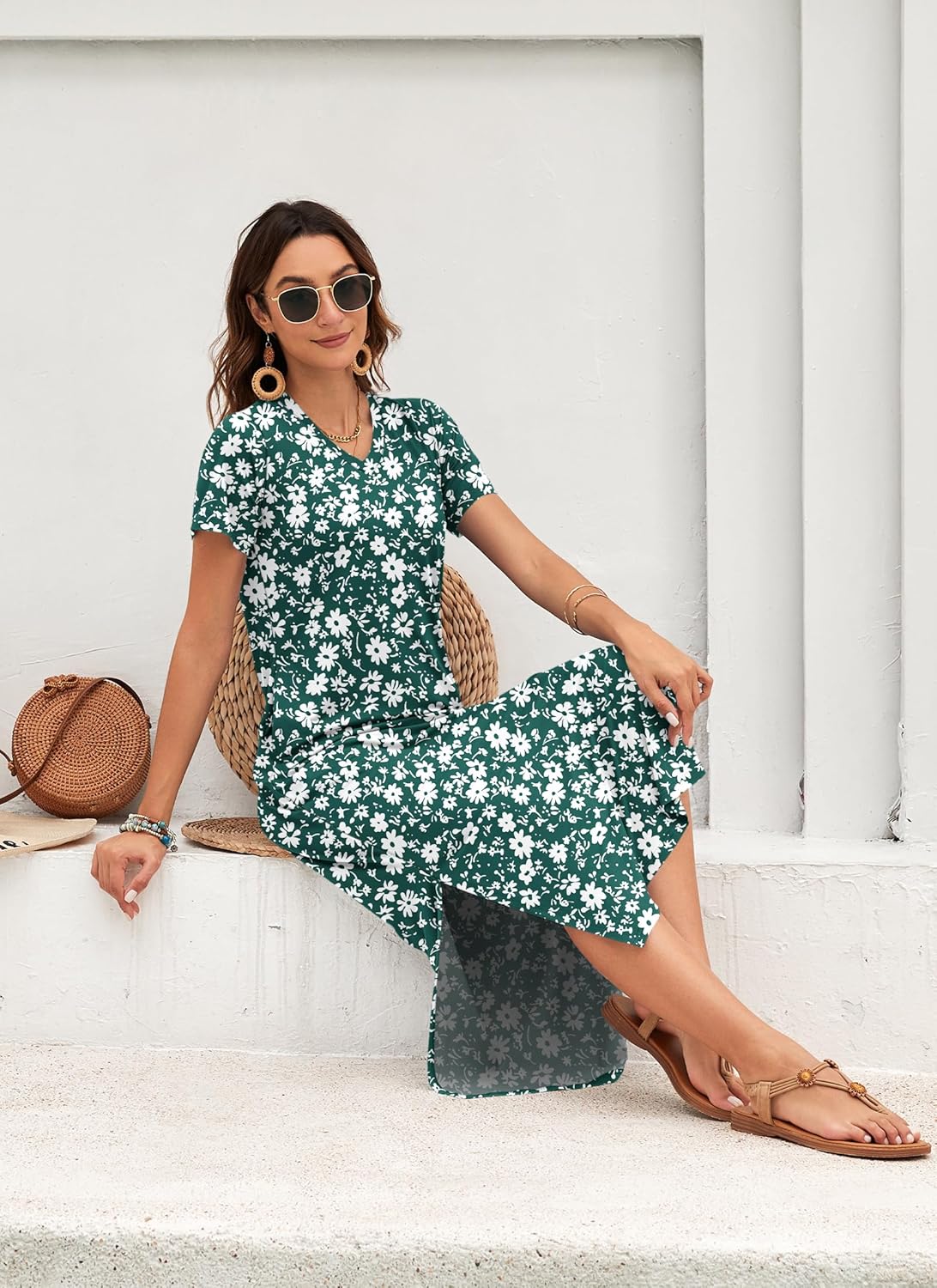 Detalle de Robe longue d'été AUSELILY pour femmes - col en V, poches et manches courtes