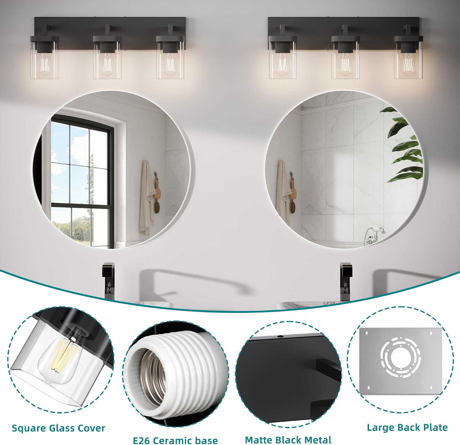 Detalle de Danshinro 3-Light Bathroom Vanity Light, Black Metal with Glass Shades