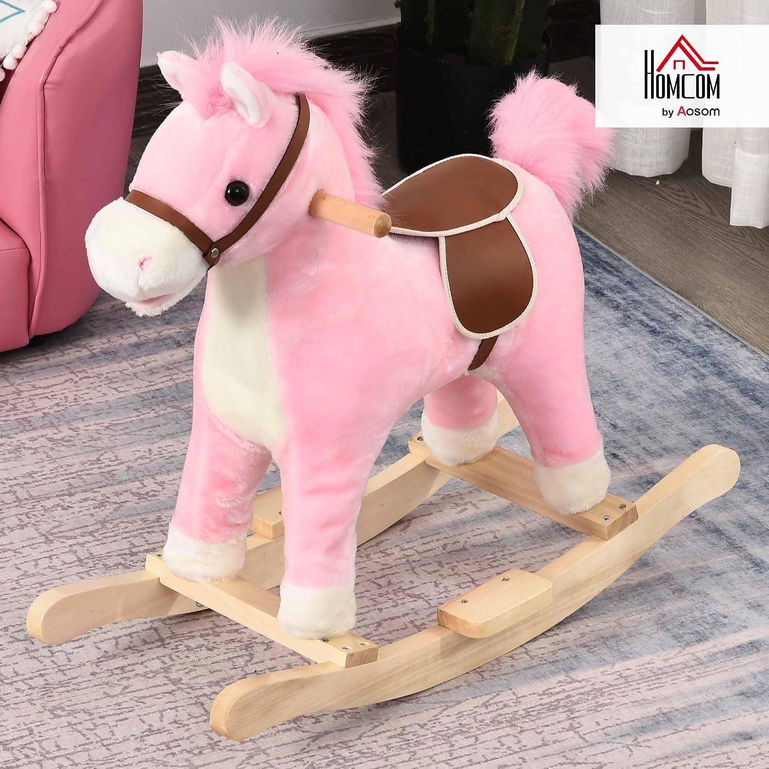 Detalle de HOMCOM Cheval à Bascule Selle Grand Confort Peluche Courte Douce Bois peuplier Brun