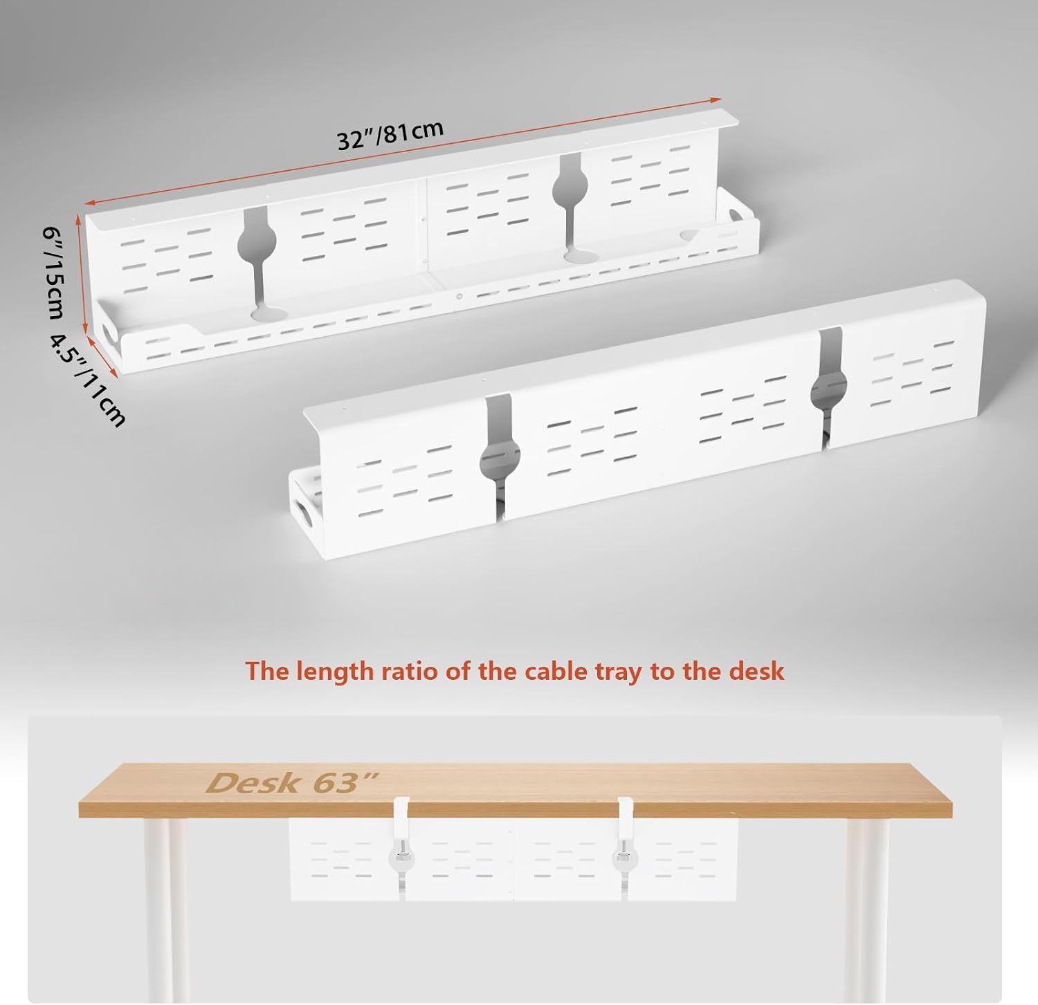 Thumbnail 4 de Univivi UN1451 Under Desk Cable Tray, 32-Inch White Steel, Clamp or Screw Mount