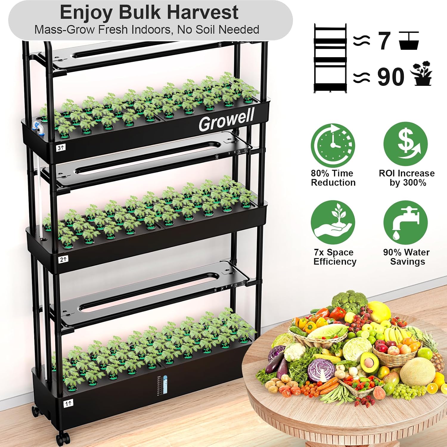 Detalle 2 de Growell 90-Pod Vertical Hydroponic Garden with 40 L Tank and Grow Lights