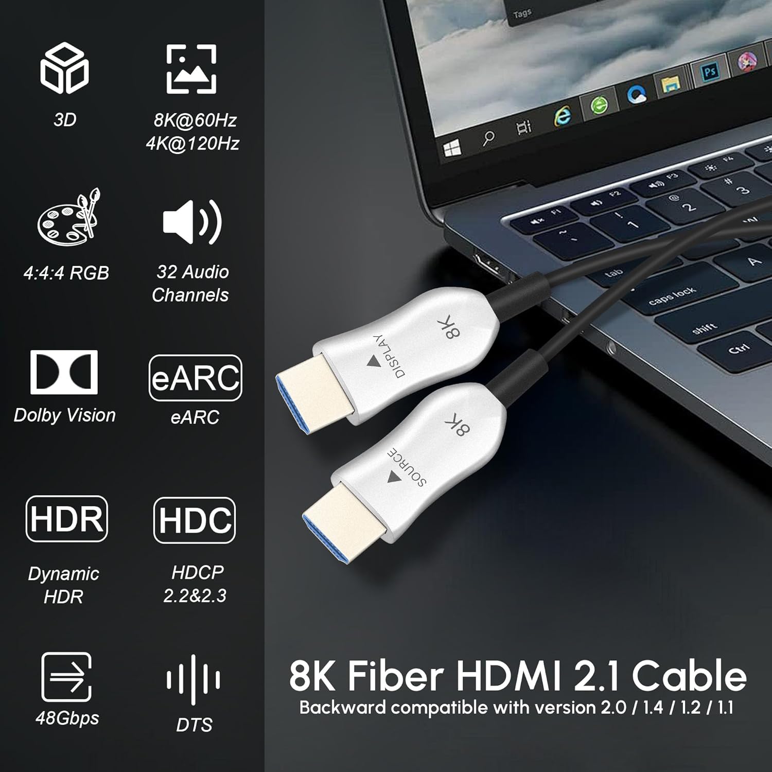 Detalle de 8K HDMI 2.1 Glasfaser Kabel 5 m – Ultra High Speed, aktives Kabel mit 48 Gbps