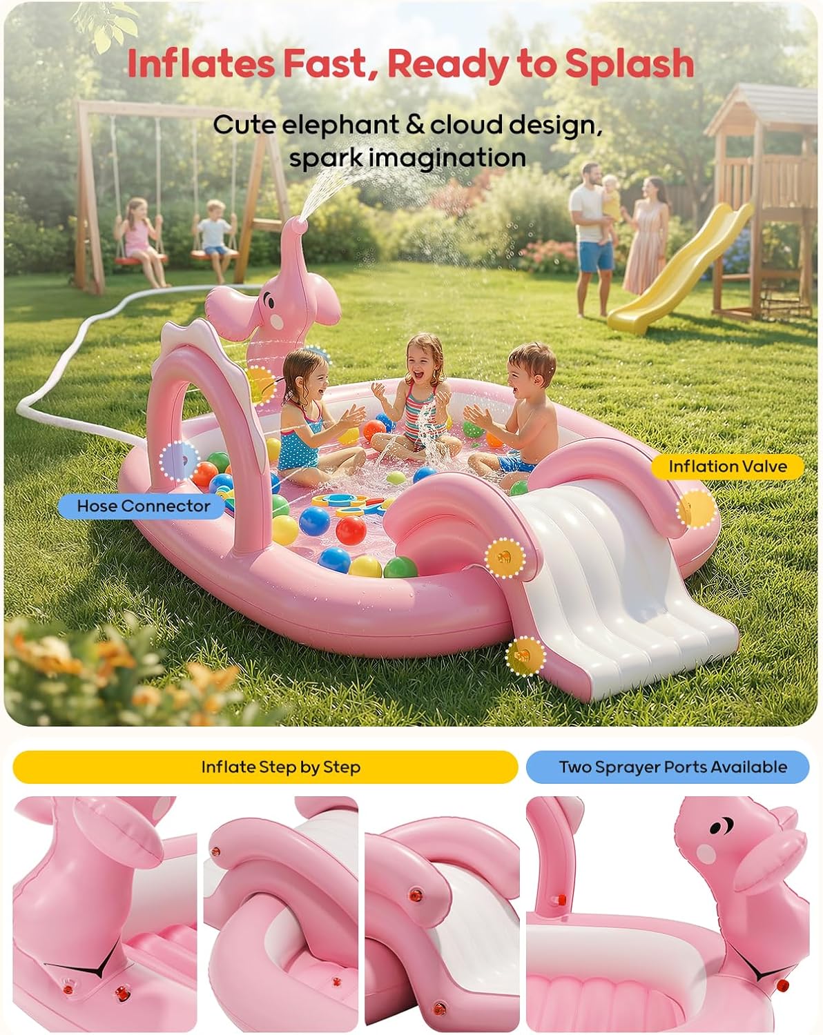 Detalle 2 de QPAU Elephant Kids Pool with Slide and Sprinkler: 72 x 64 x 37 in Inflatable Play Center