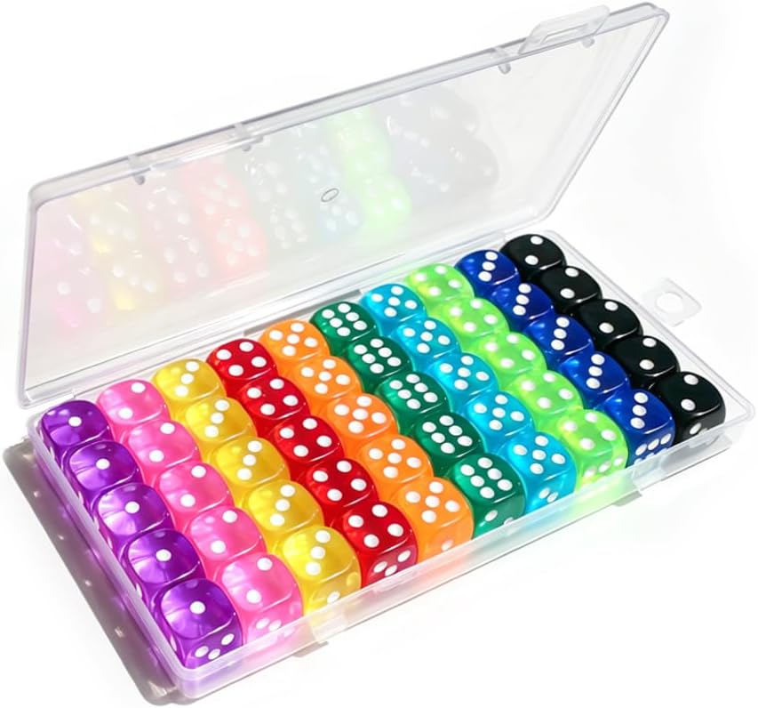 50 Pieces Dice Set, 14mm Standard 6 Sided Colored Dice with Plastic Storage Box