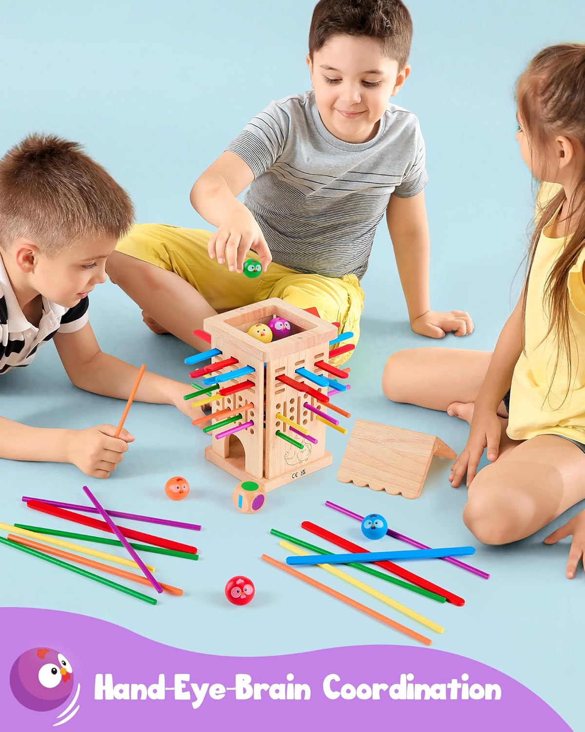 Thumbnail 3 de Montessori wooden board game for ages 3–6: chicken coop stick-removal ball & dice game