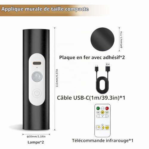 Thumbnail 7 de WOBSION Applique Murale LED avec Détecteur de Mouvement et Télécommande – Lot de 2 (Noir)