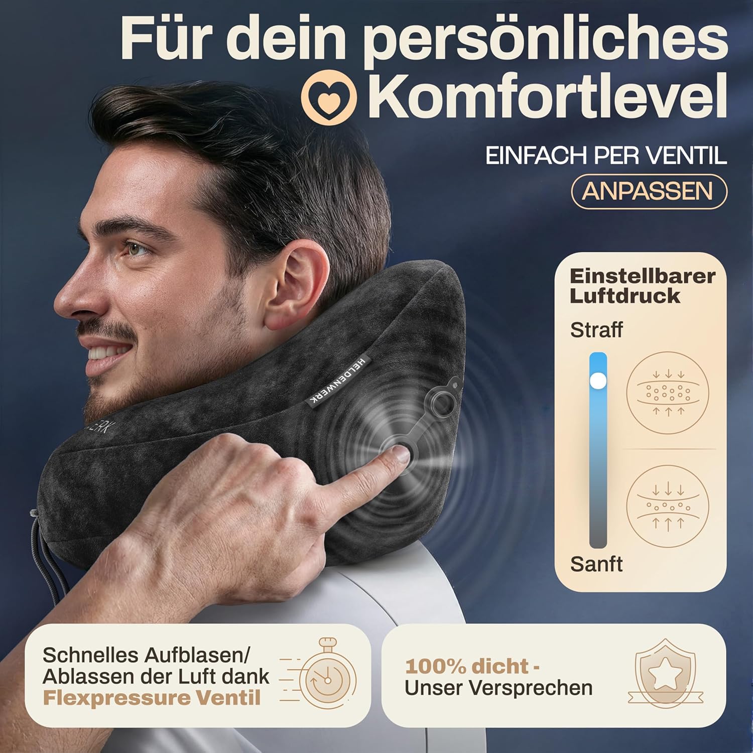 Detalle de HELDENWERK Air Nackenkissen Flugzeug Aufblasbar – ErgoRing-Design, 5 Schlafpositionen