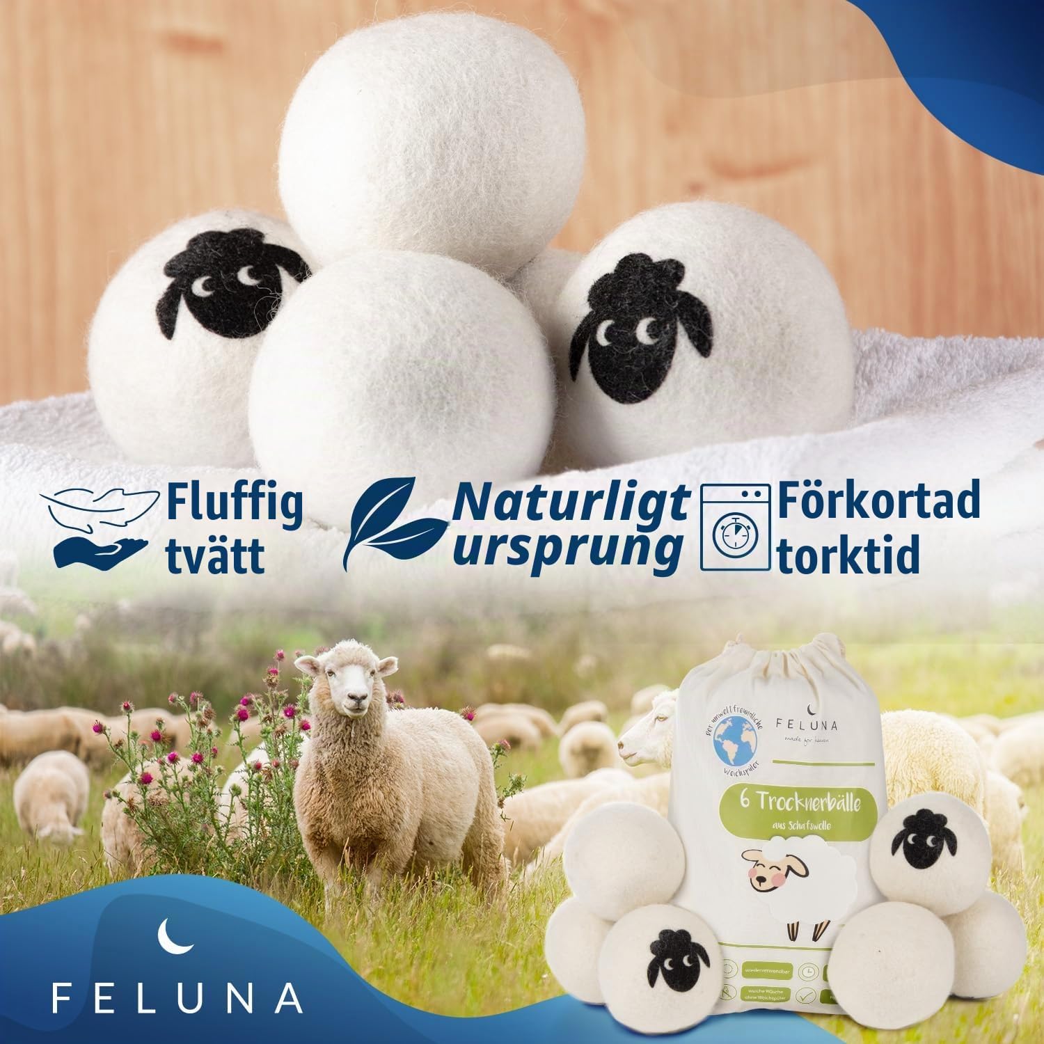 Detalle de Feluna® ullbollar för torktumlare, 6-pack i fårull