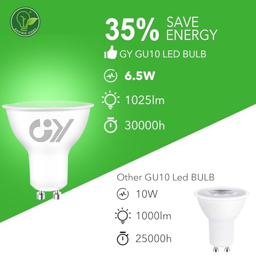 Detalle de GY Bombilla LED GU10 6.5W (Eq. 100W) 1025LM 3000K Blanco Cálido – Pack de 10