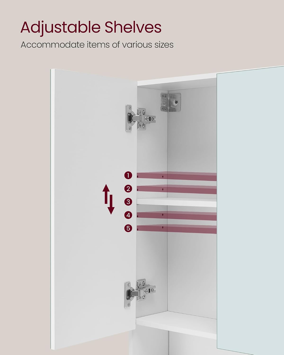 Detalle 2 de VASAGLE KAILYN BBK130W01 Bathroom Mirror Cabinet, 3 Mirrored Doors, Adjustable Shelves