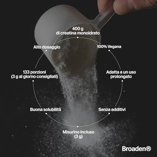 Detalle de BROADEN Creatina Monoidrato in Polvere 400 g – 117 porzioni, Micronizzata, Vegana, Senza Glutine