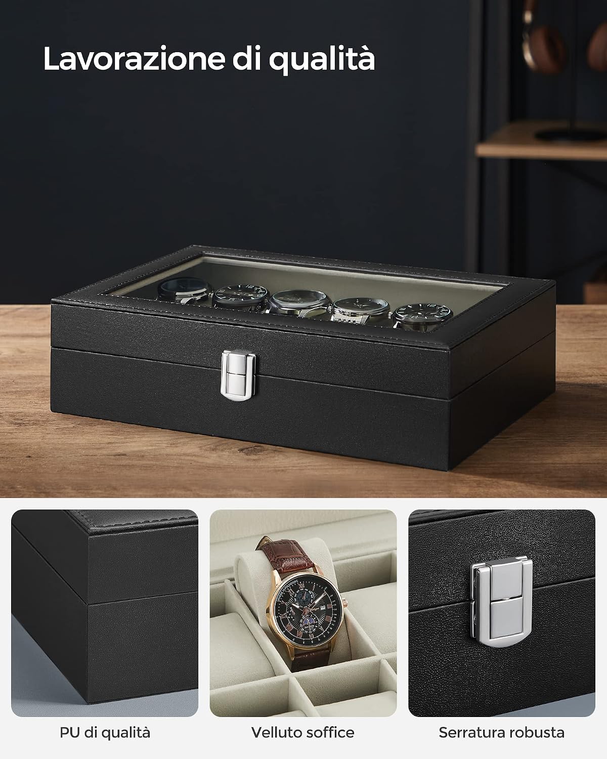 Detalle de SONGMICS Scatola Porta Orologi con 12 Scomparti – Cofanetto elegante con coperchio in vetro e fodera in velluto beige