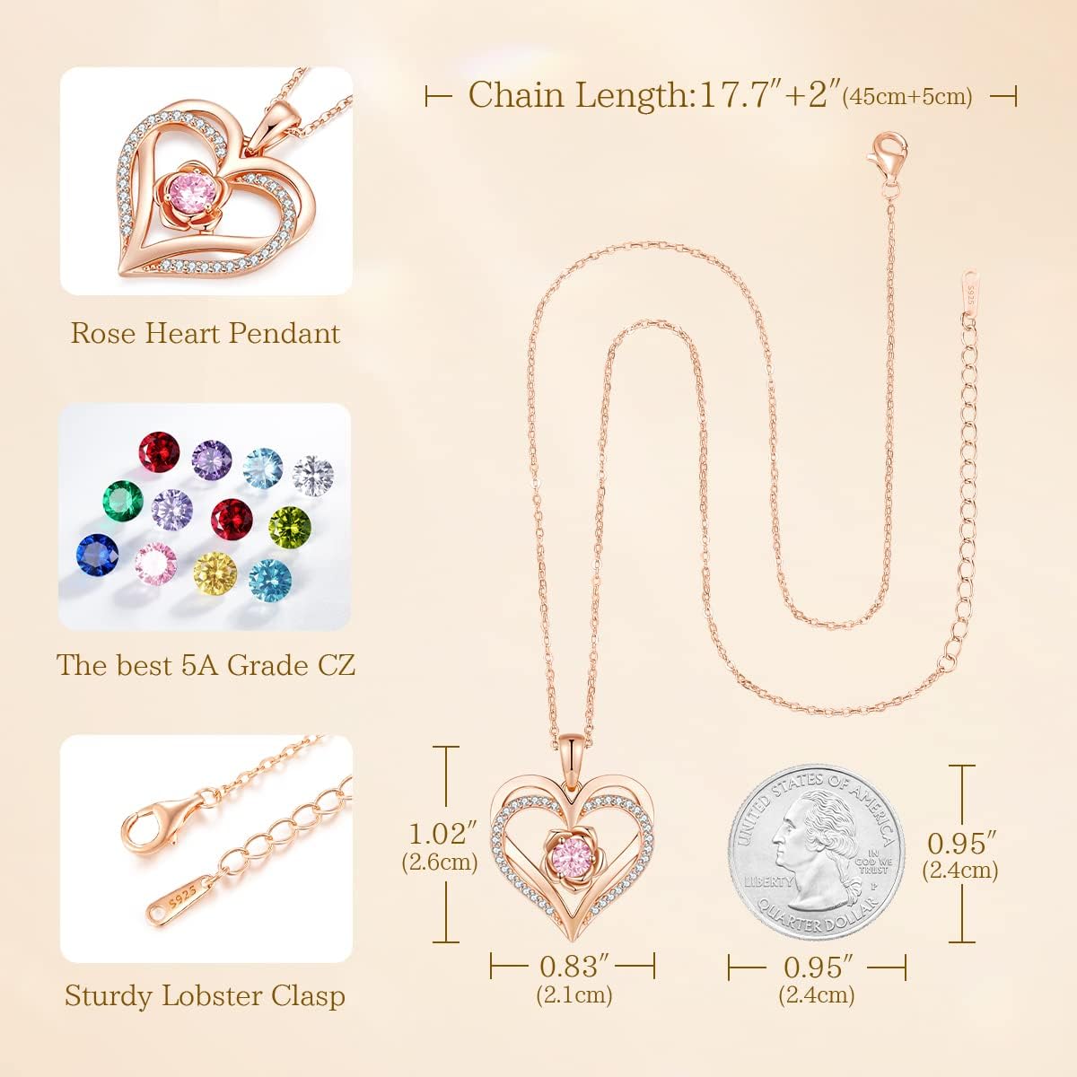 Thumbnail 3 de CDE Kette Damen Roségold Herz 45+5 cm