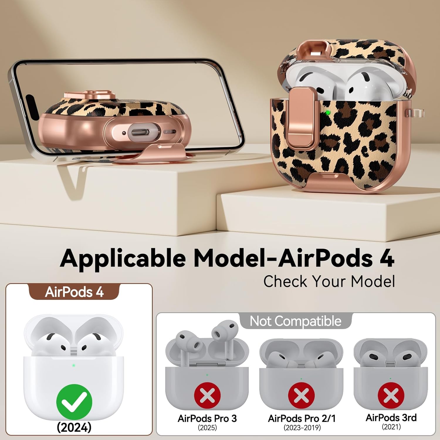 Thumbnail 1 de Polislime AirPods 4 Case with Safety Lock, Built-in Phone Stand & Leopard Print (TPU) — includes keychain & cleaning kit
