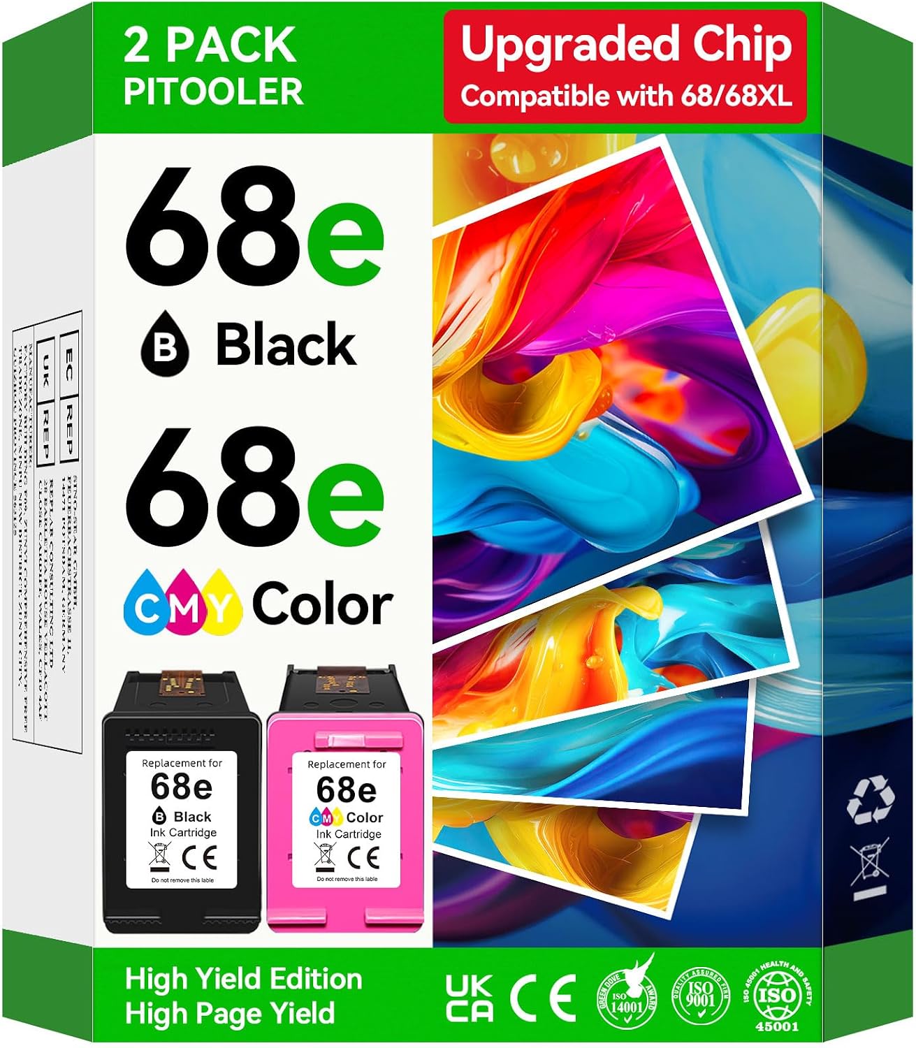 Detalle de Pitooler 68e High-Yield Ink Cartridge 2-Pack, Black and Colour, Upgraded Chip