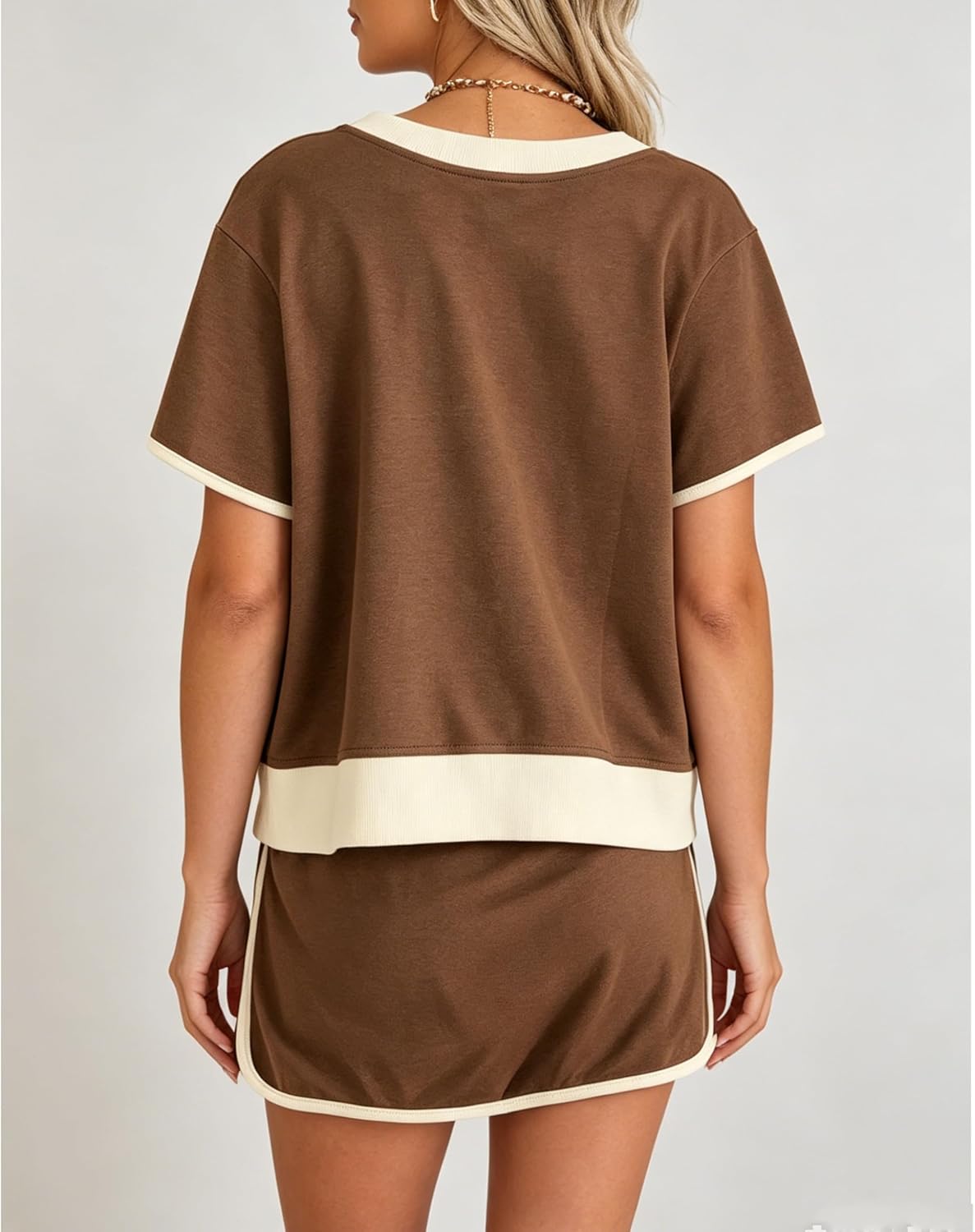 Detalle 2 de SELINK Women’s 2-Piece Colorblock Lounge Set: Skirt + Skort, Drop Shoulder Tee for Summer