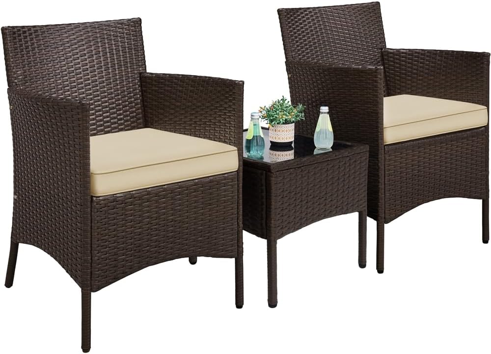 Yaheetech Set Mobili da Giardino 2 Poltrone e 1 Tavolino in Rattan PE Impermeabile per Esterno con Cuscini Marrone