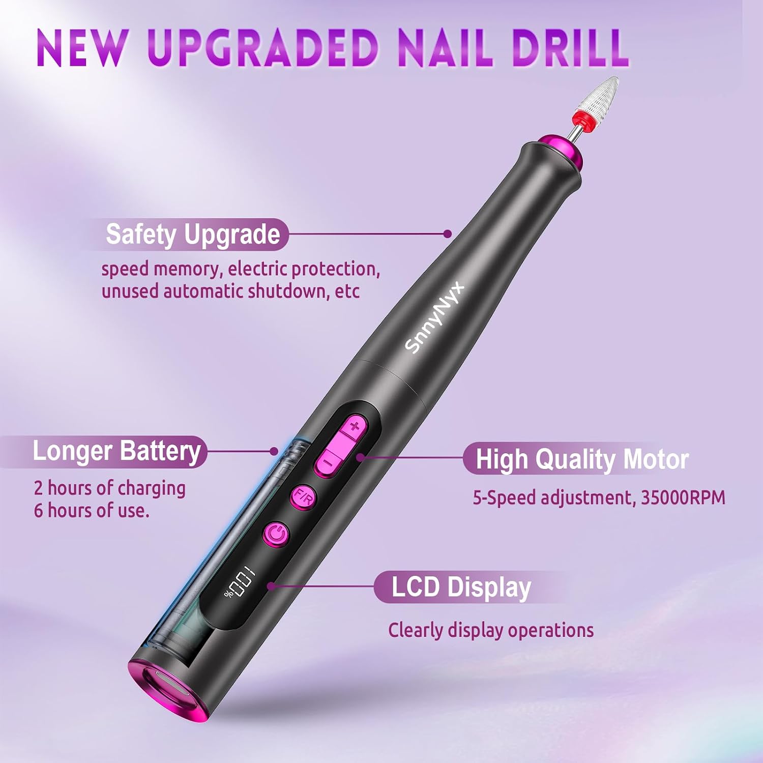 Detalle 2 de SnnyNyx SN-ND015 Cordless Electric Nail Drill, 35,000 RPM with LCD Display