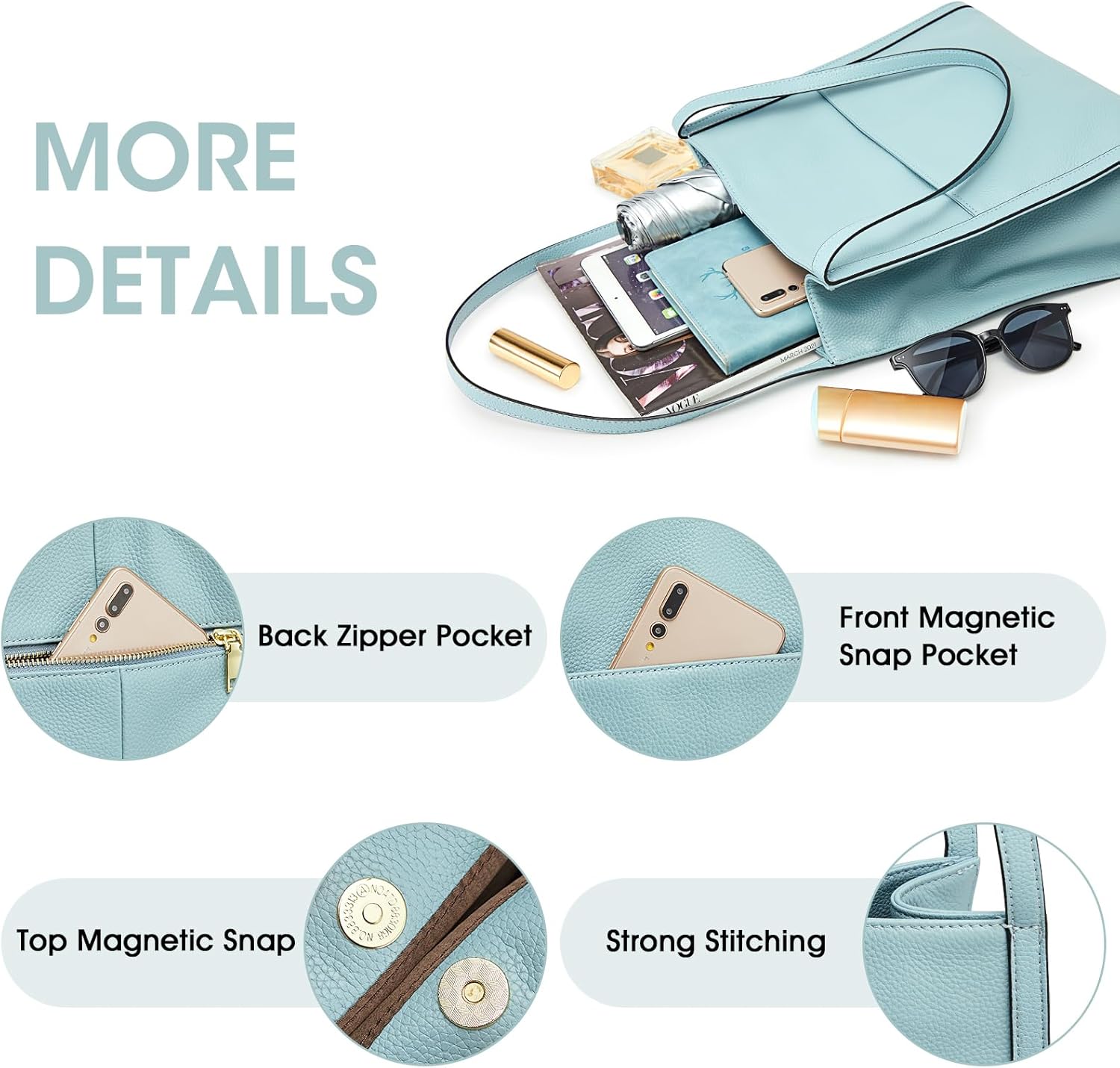 Detalle de Kattee Sac à bandoulière en cuir véritable pour femme – Sacs à main moyen format