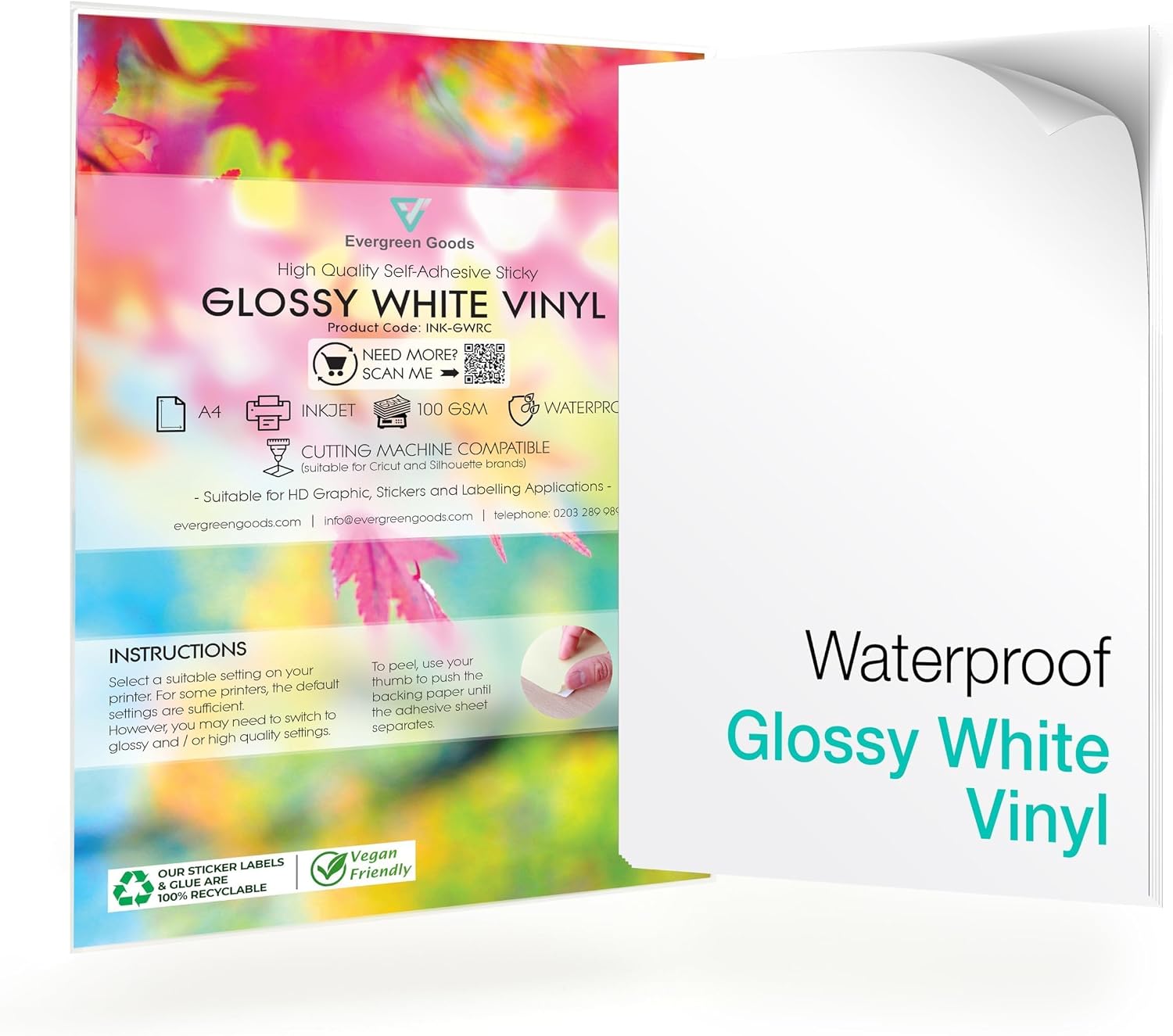 Evergreen Goods 100 Sheets A4 Waterproof Self-Adhesive Glossy White Vinyl Sticker Paper