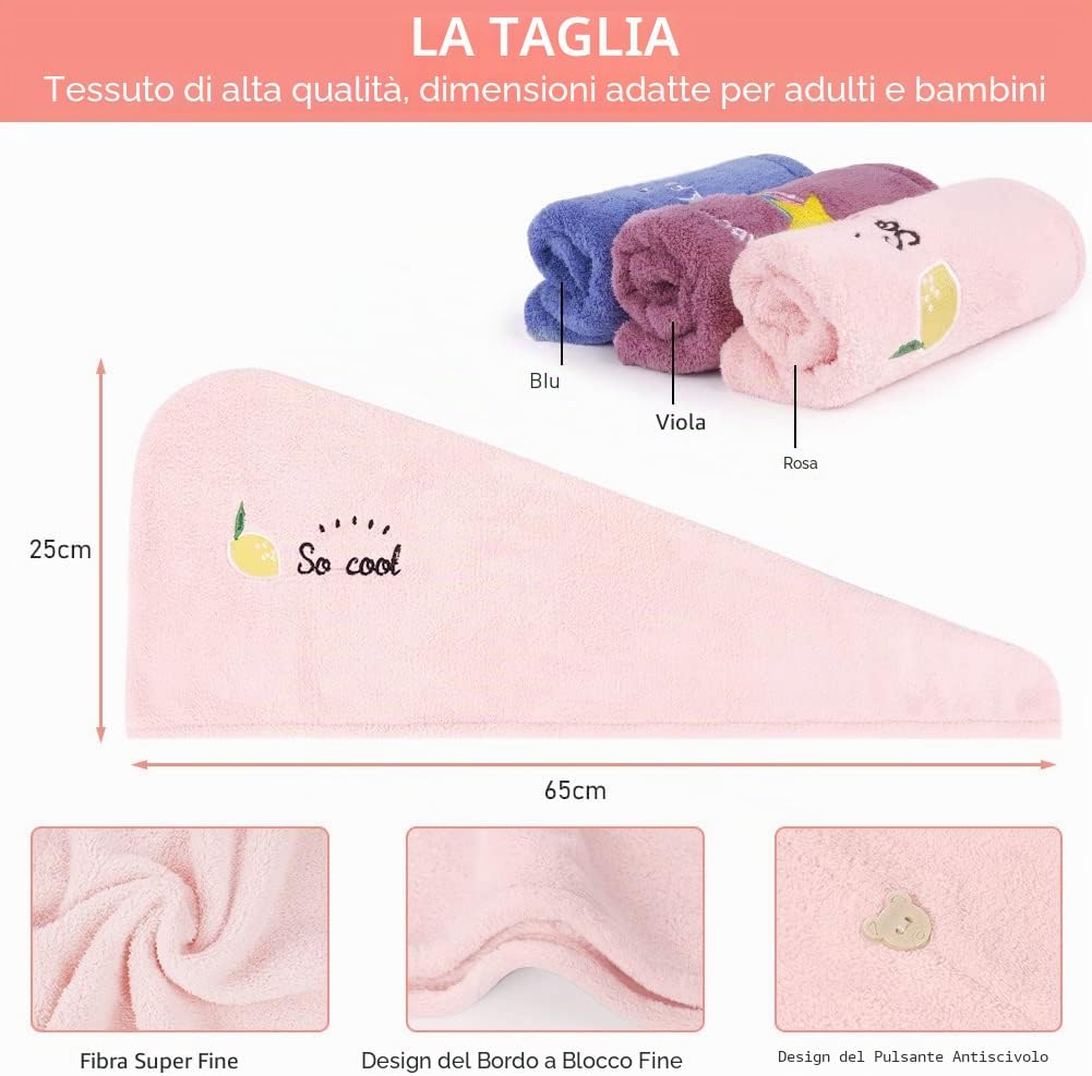 Detalle 2 de URAQT Asciugamano Microfibra Capelli – 3 Pezzi turbante con bottone, morbidissimo e super assorbente