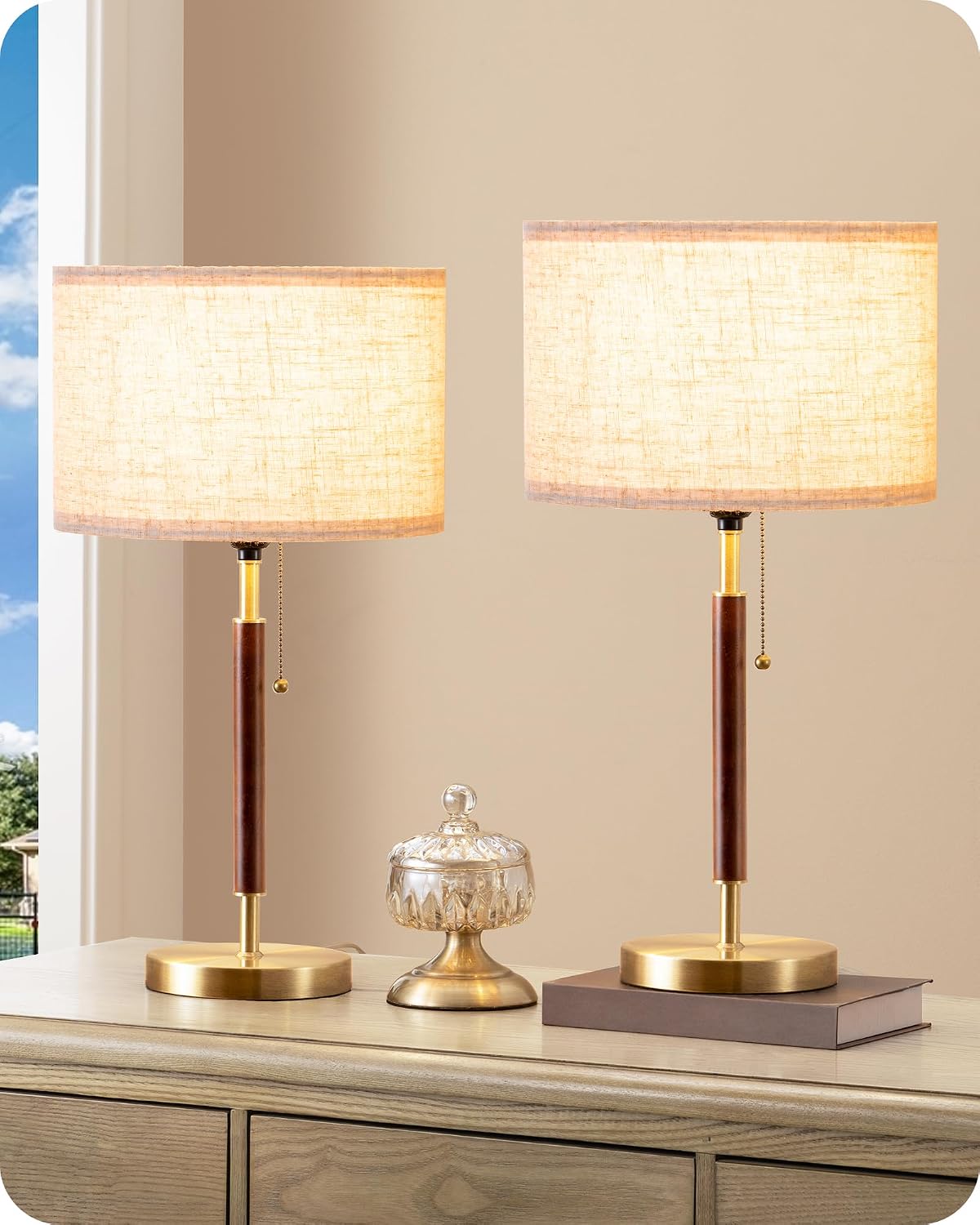 Detalle de EDISHINE UT1574 Mid-Century Table Lamps, 2-Pack with Linen Shades