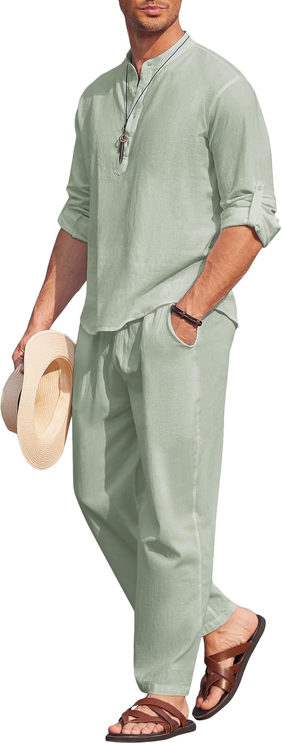 Thumbnail 5 de COOFANDY Men’s 2-Piece Cotton Linen Henley & Beach Pants Set