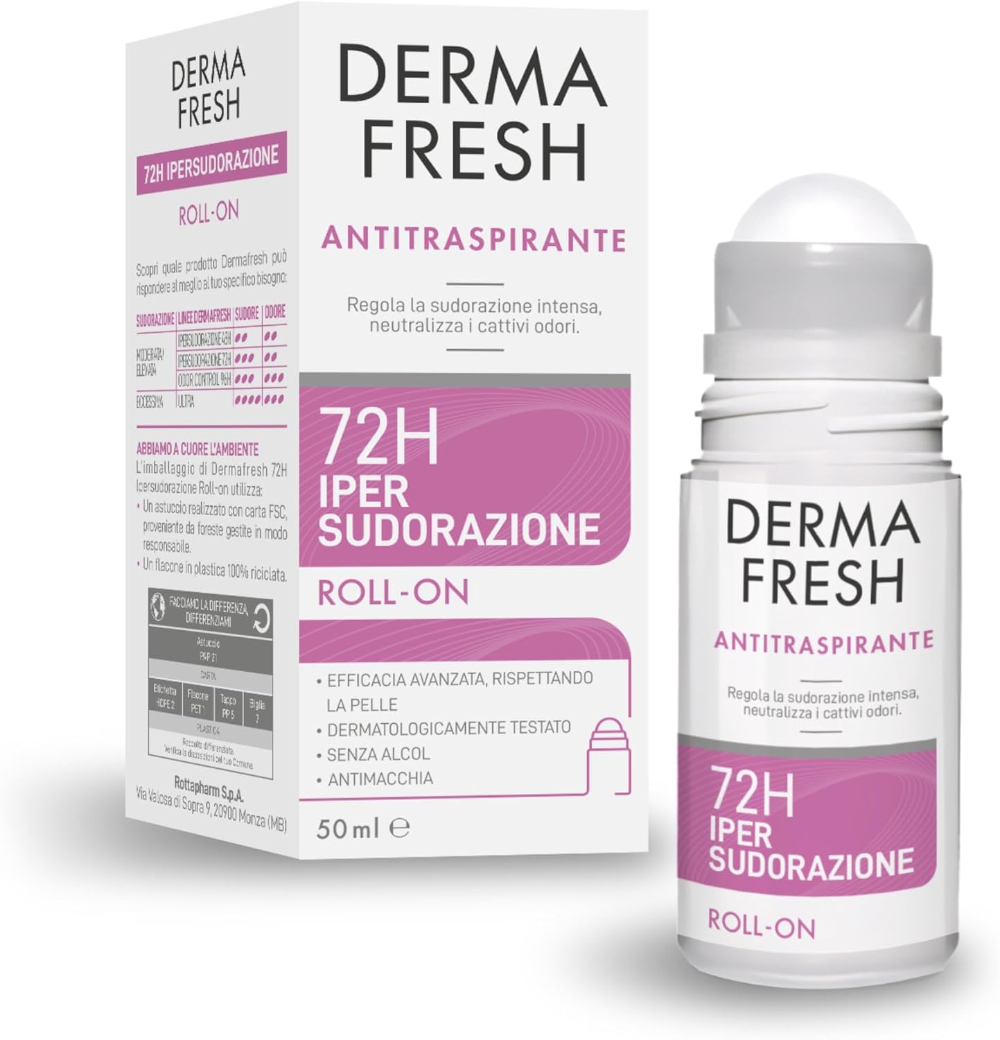 Dermafresh Ipersudorazione Efficace 72H: Deodorante Antitraspirante Roll-On 50 ml, No Alcol, Dermatologicamente Testato