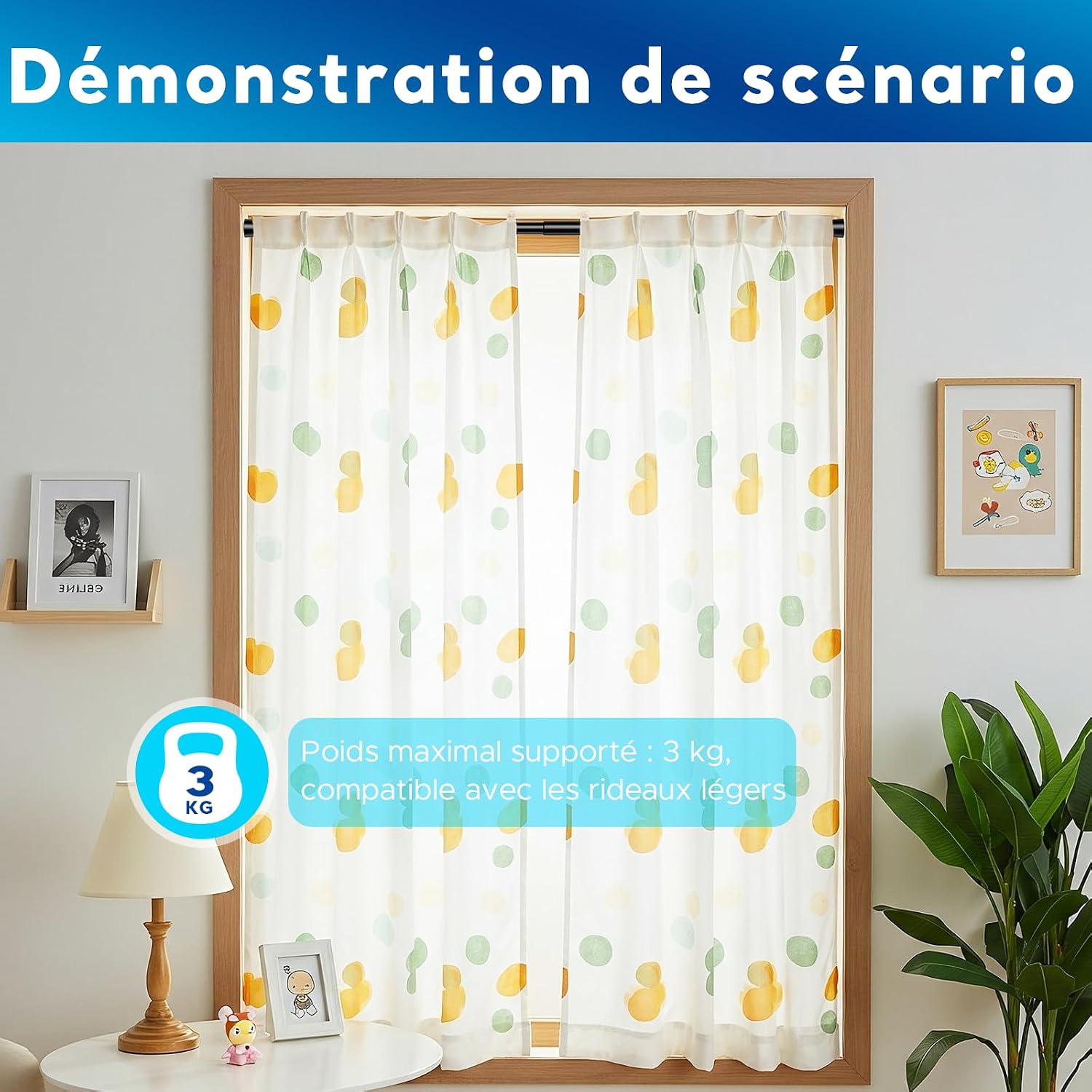Detalle de Tringle à rideaux extensible sans perçage BSYXLSX noire 70–100 cm