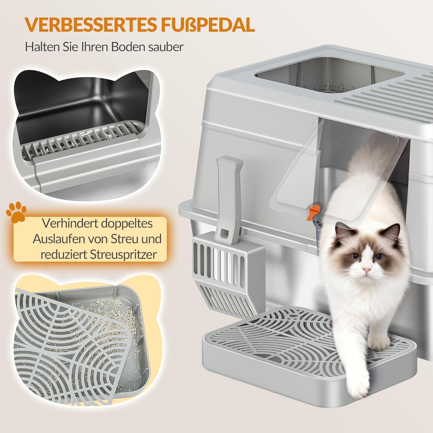 Thumbnail 5 de Fobyfurny Katzenklo aus Edelstahl mit Deckel (XL, 60 x 40 x 38 cm) – geschlossen mit Trittstufe, Schaufel und zwei Eingängen