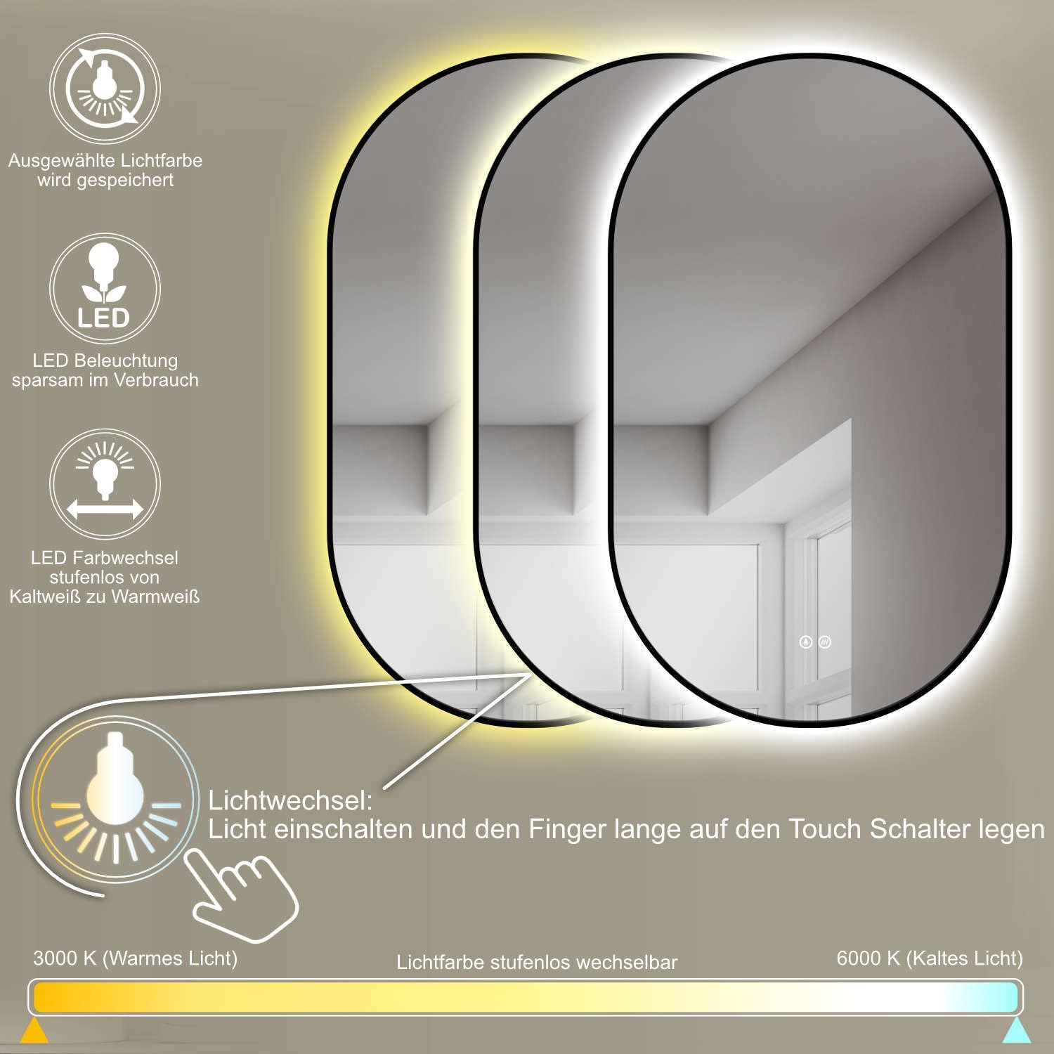 Thumbnail 2 de HOKO Specchio-Bagno con Luce Ovale Antiappannamento LED 45x75 cm, Cornice Metallo Nera, Montaggio Verticale/Orizzontale