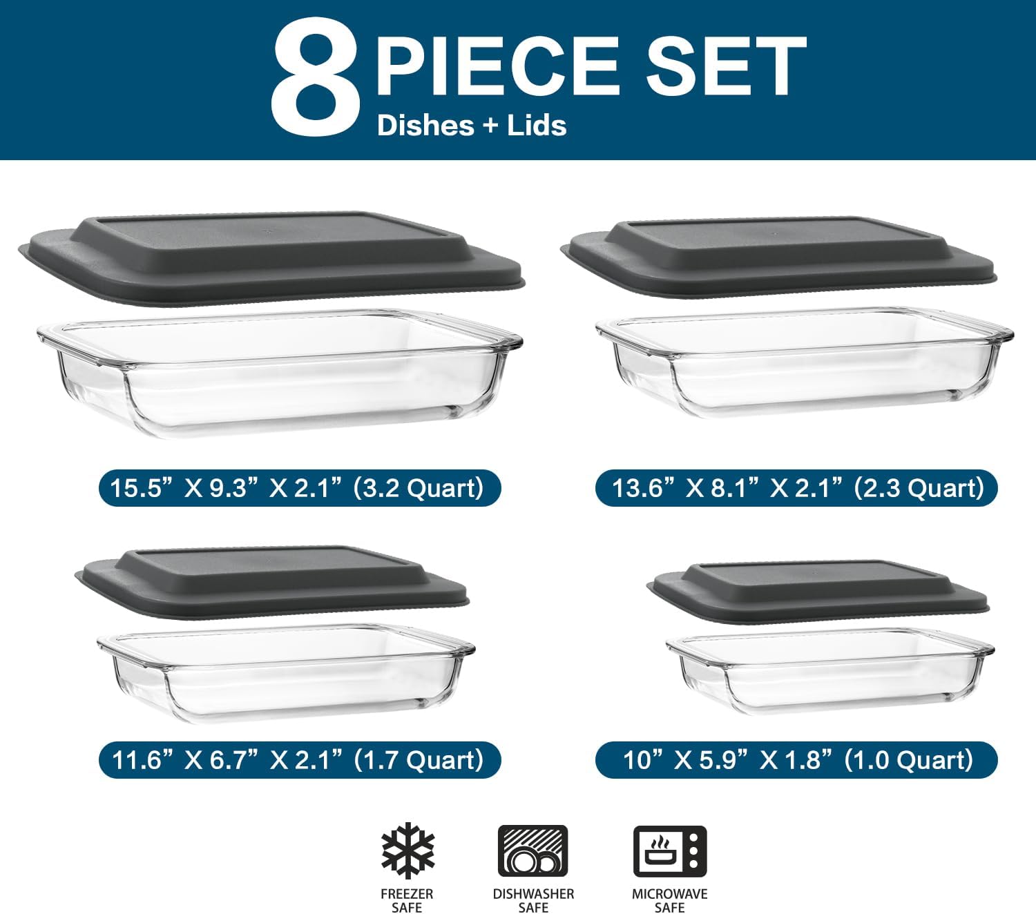 Thumbnail 1 de 8-Piece Deep Glass Baking Dish Set with Lids